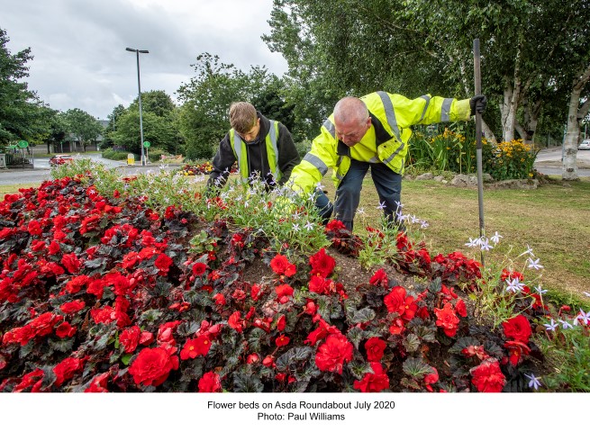 Flower beds on asda roundabout July 2020