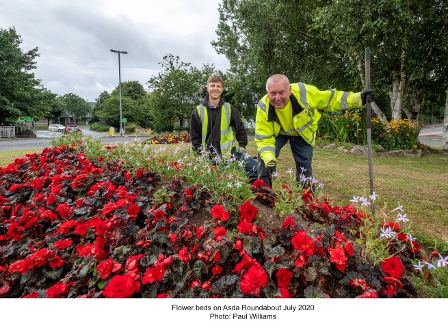 Flower beds on asda roundabout July 2020