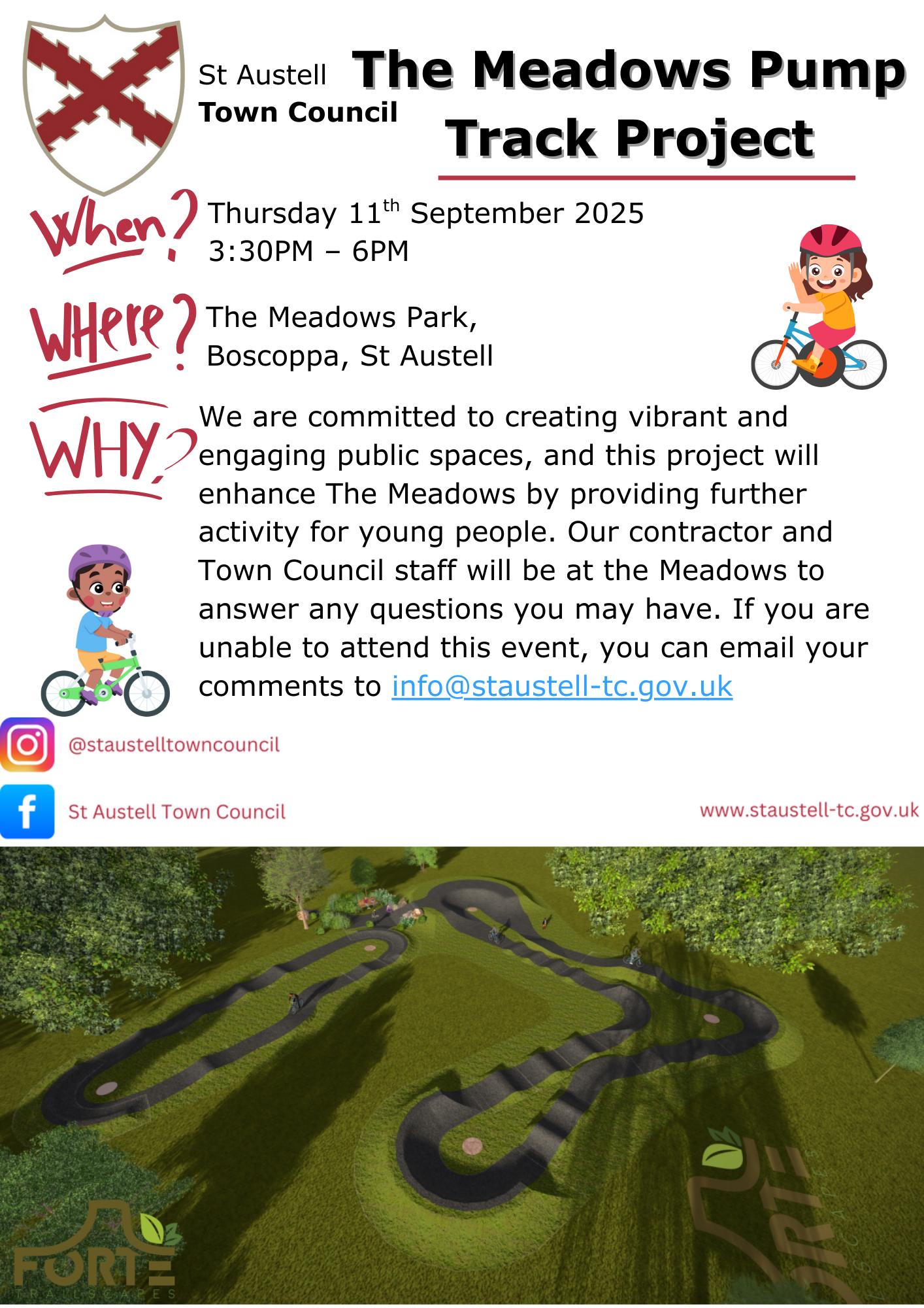 Poster for the public consulation event for The Meadows Pump Track project