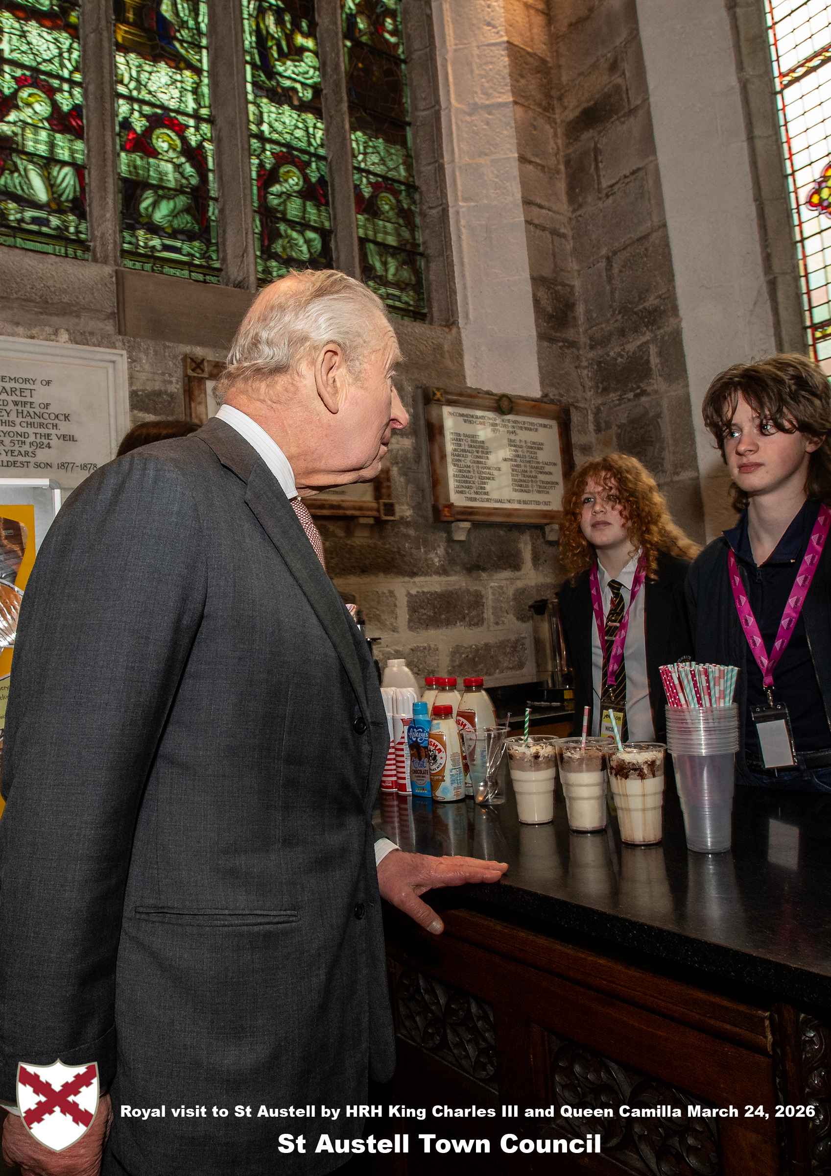 His Majesty King Charles and Her Majesty Queen Camilla meets local organisations, volunteers and religious groups in Holy Trinity Church.