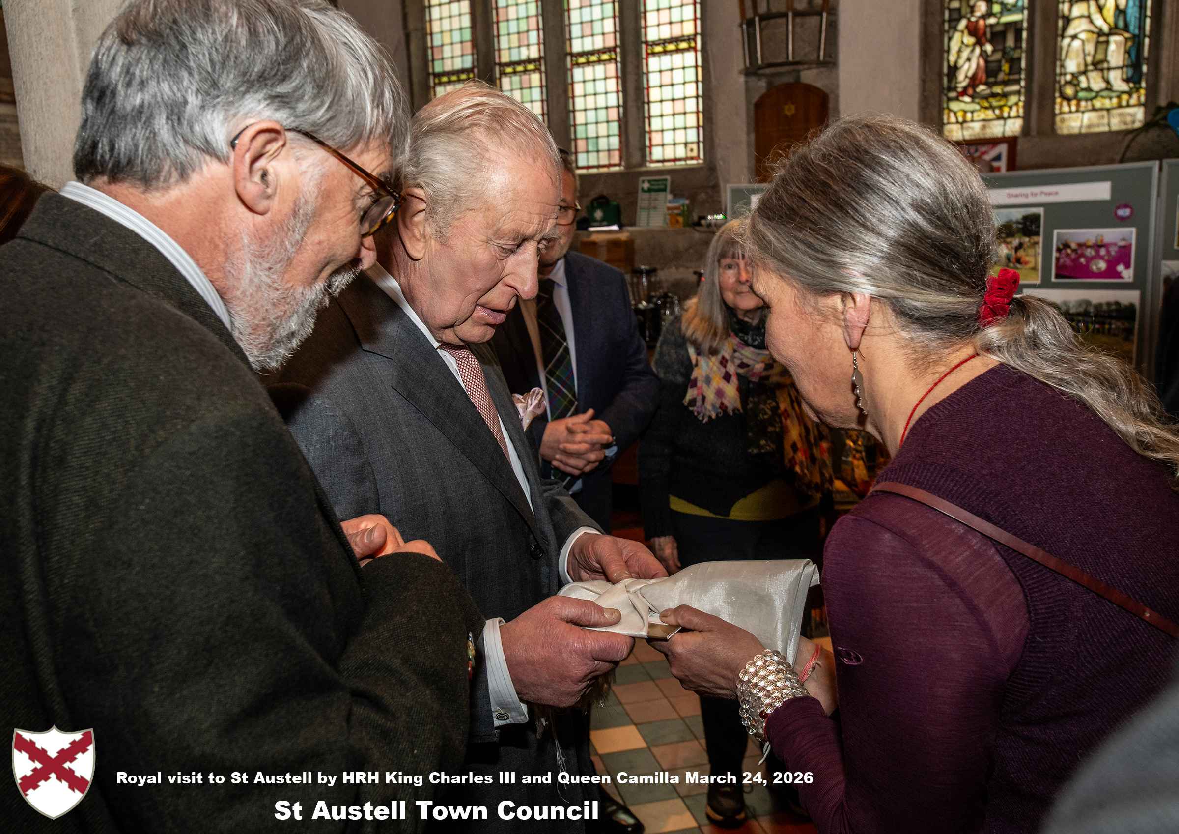 His Majesty King Charles meets local organisations, volunteers, religious groups and pupil’s from a local school at Holy Trinity Church.