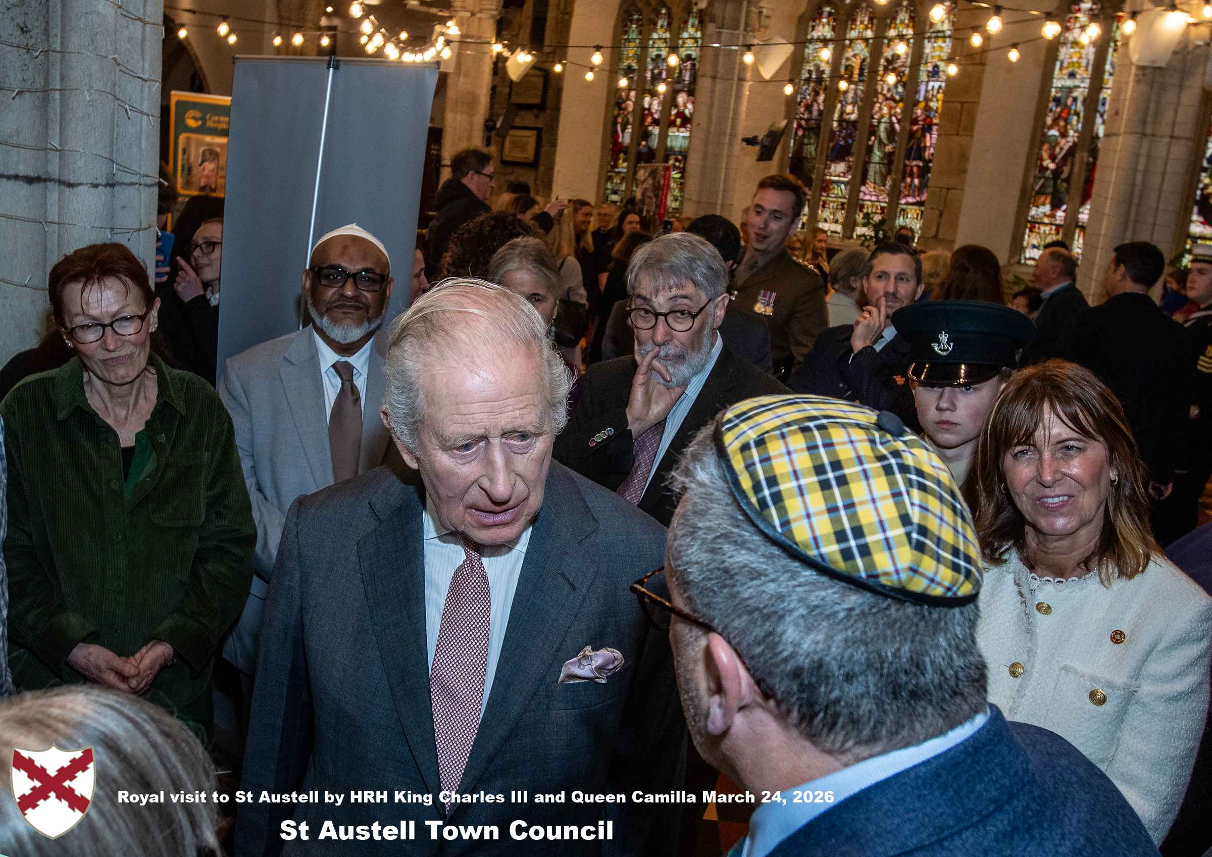 His Majesty King Charles meets local organisations, volunteers, religious groups and pupil’s from a local school at Holy Trinity Church.