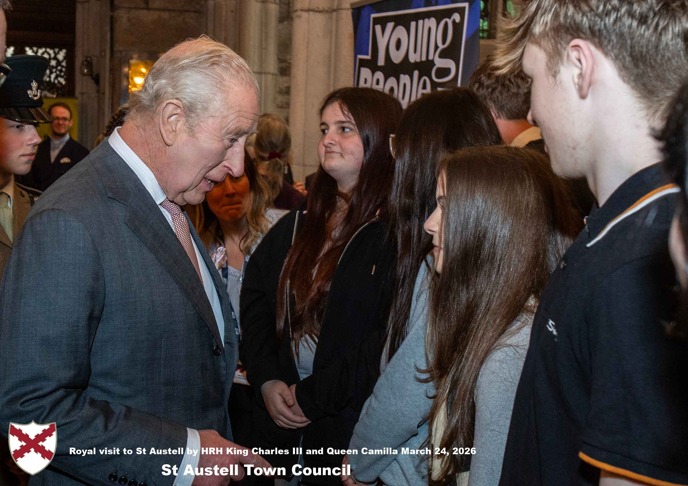 His Majesty King Charles meets local organisations, volunteers, religious groups and pupil’s from a local school at Holy Trinity Church.