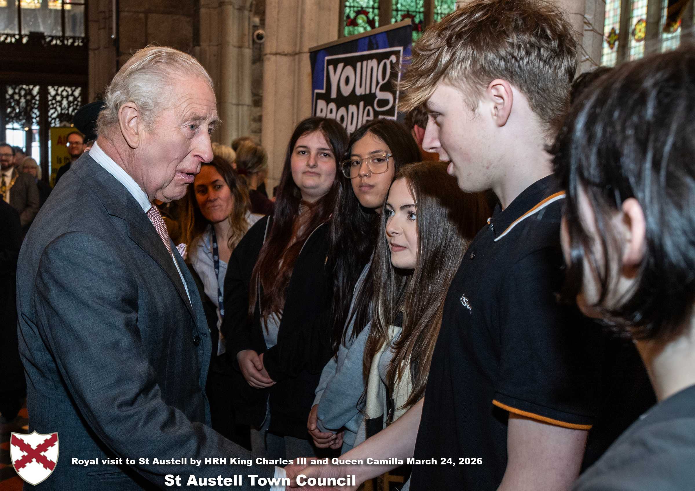 His Majesty King Charles meets local organisations, volunteers, religious groups and pupil’s from a local school at Holy Trinity Church.