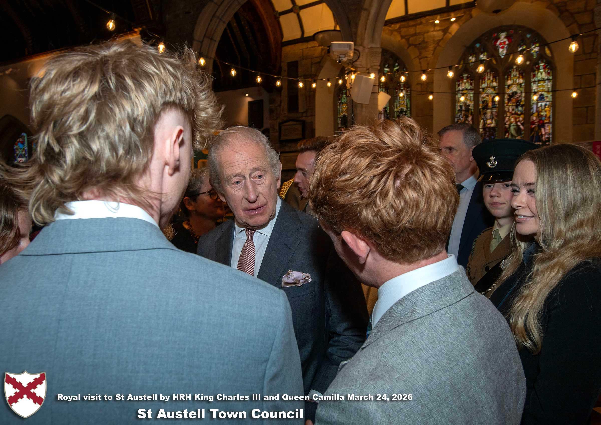 His Majesty King Charles meets local organisations, volunteers, religious groups and pupil’s from a local school at Holy Trinity Church.