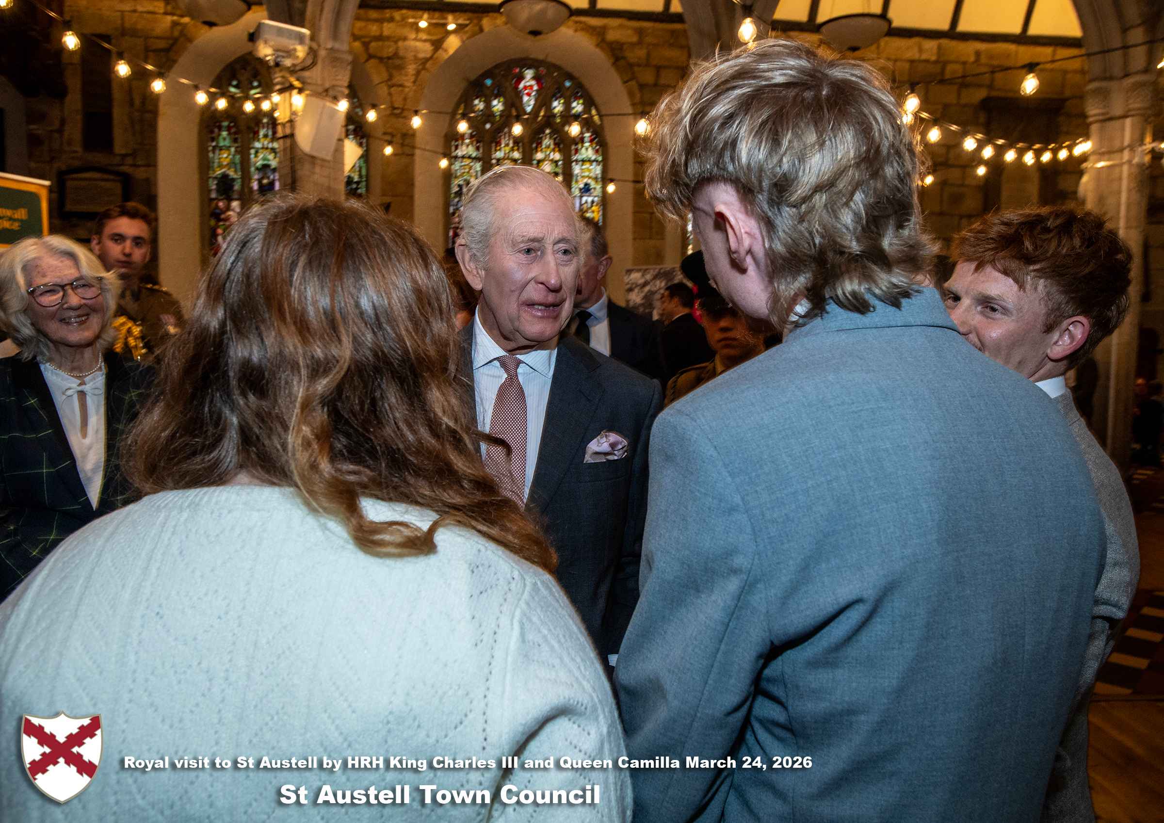 His Majesty King Charles meets local organisations, volunteers, religious groups and pupil’s from a local school at Holy Trinity Church.