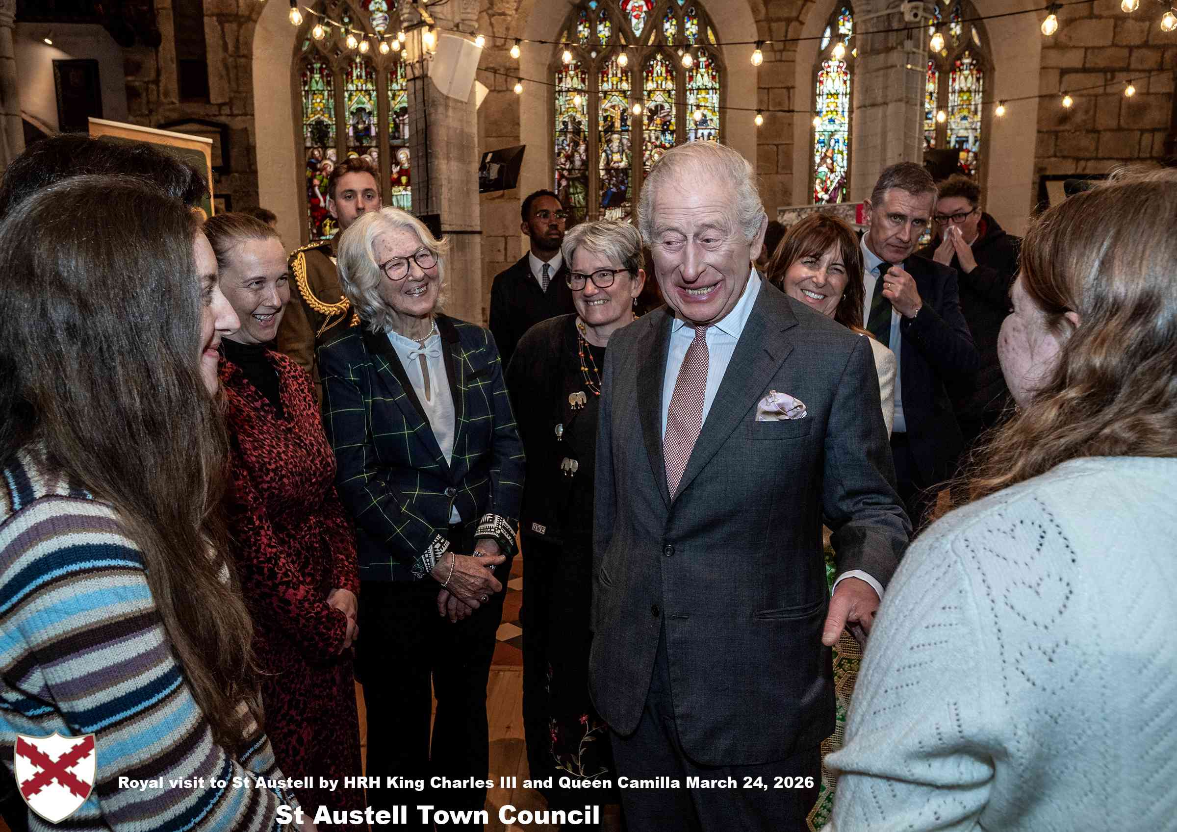 His Majesty King Charles meets local organisations, volunteers, religious groups and pupil’s from a local school at Holy Trinity Church.