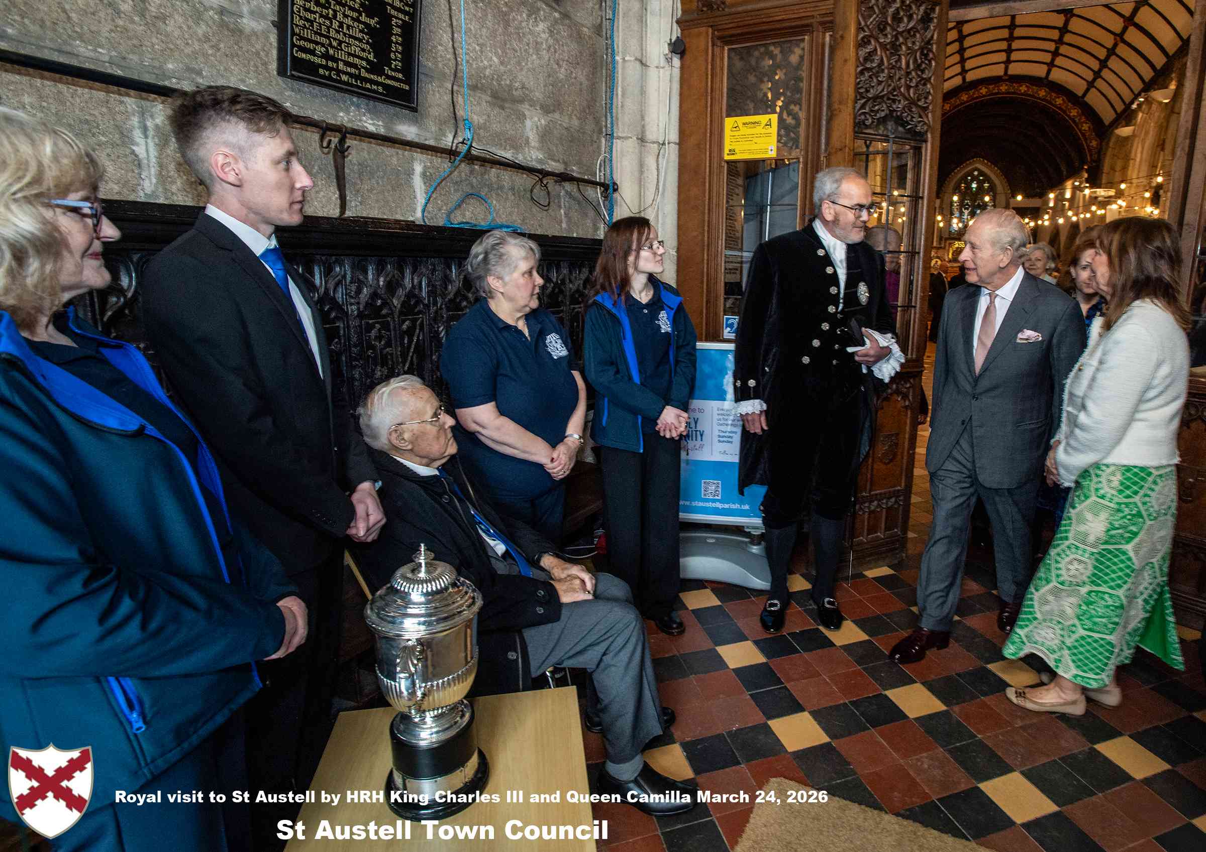 His Majesty King Charles meets local organisations, volunteers, religious groups and pupil’s from a local school at Holy Trinity Church.