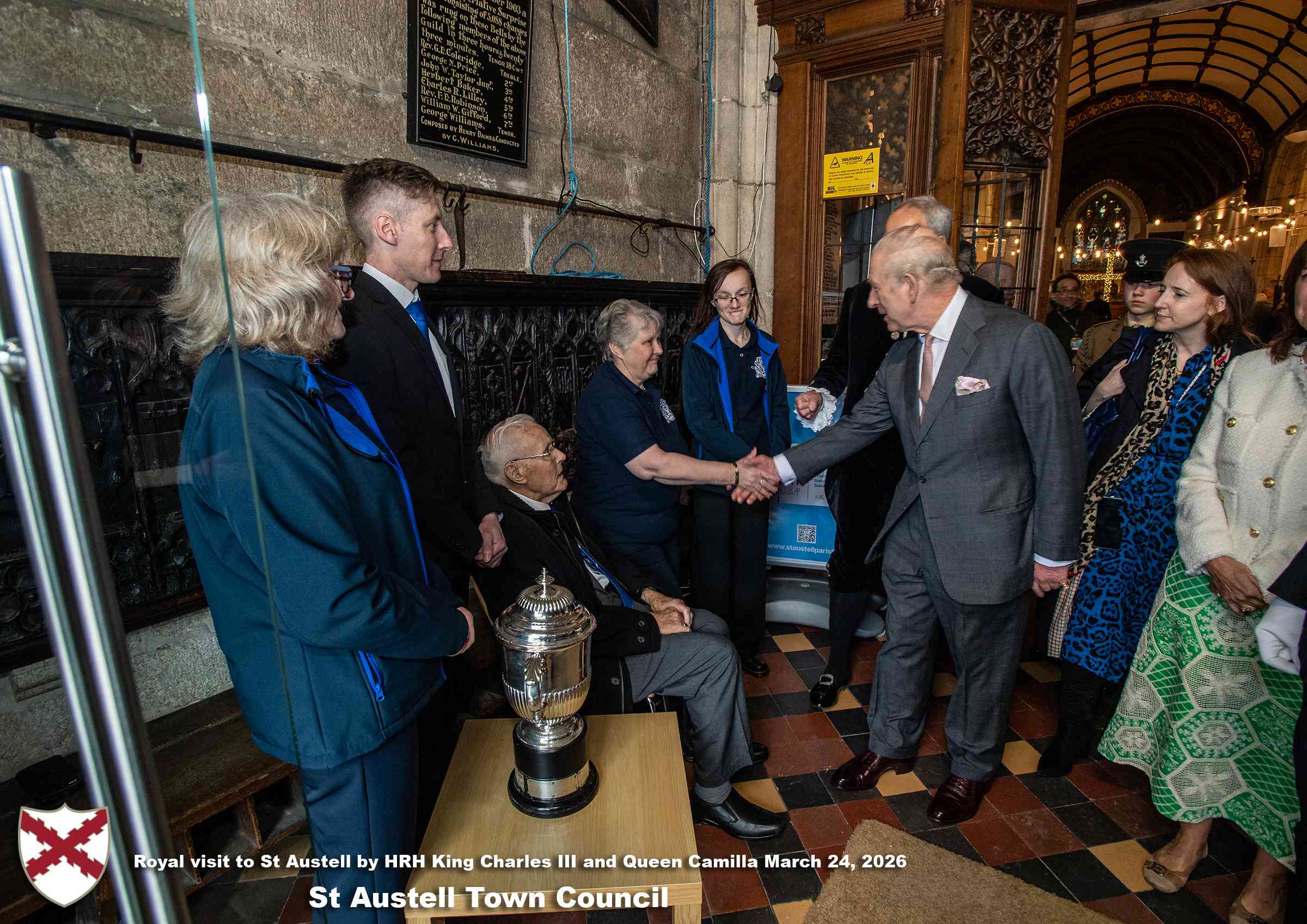 His Majesty King Charles meets local organisations, volunteers, religious groups and pupil’s from a local school at Holy Trinity Church.