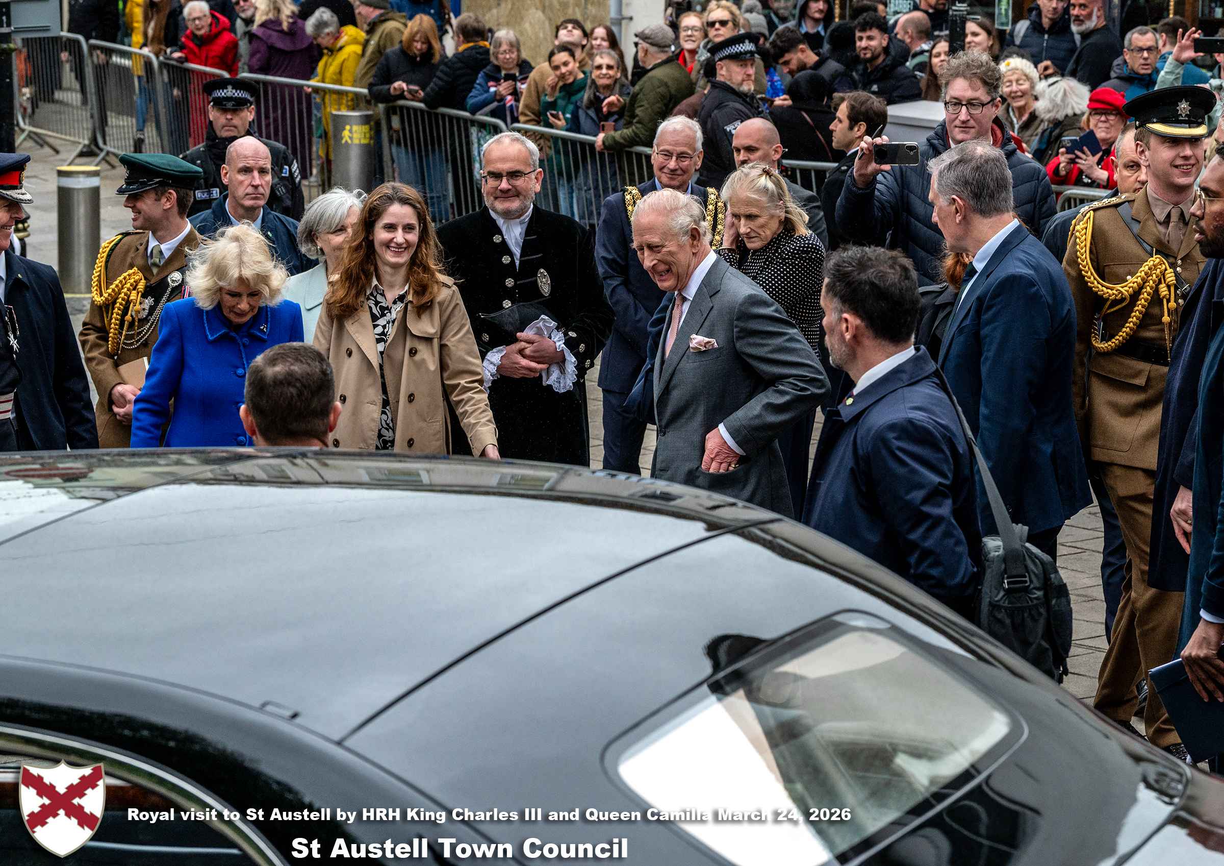His Majesty King Charles and Her Majesty Queen Camilla meet members of the public in St Austell Town Centre.