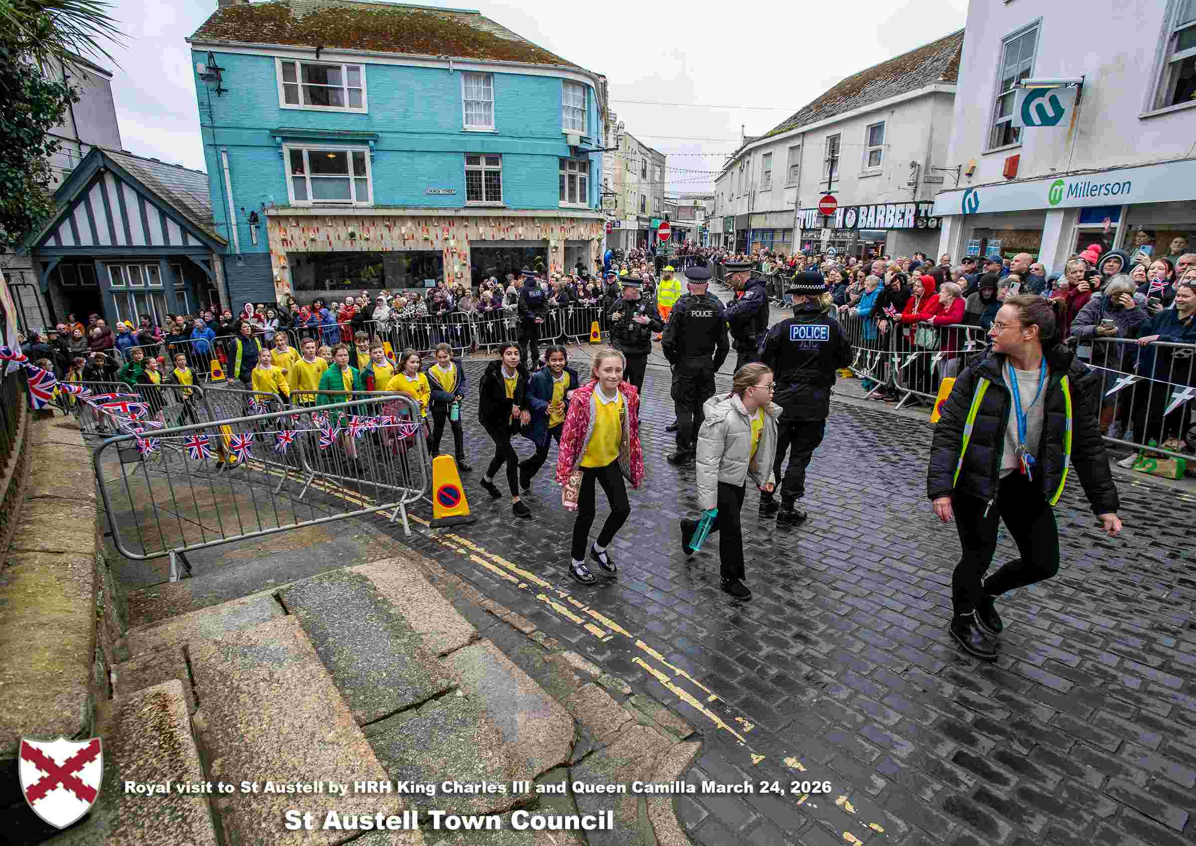 His Majesty King Charles and Her Majesty Queen Camilla meet members of the public in St Austell Town Centre.