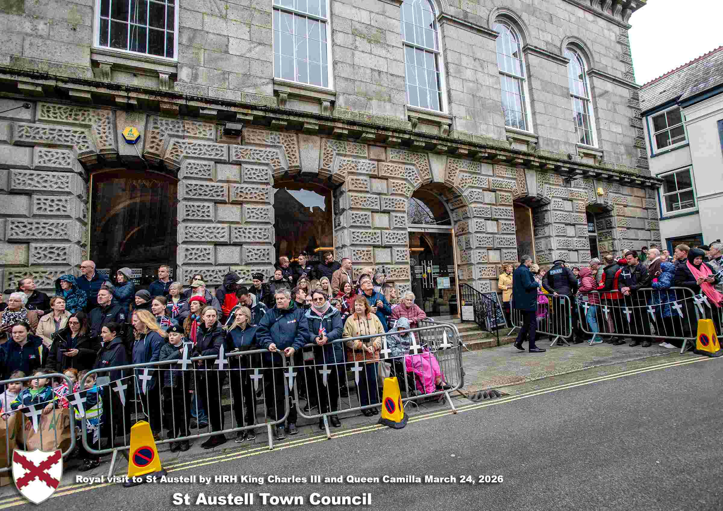 His Majesty King Charles and Her Majesty Queen Camilla meet members of the public in St Austell Town Centre.