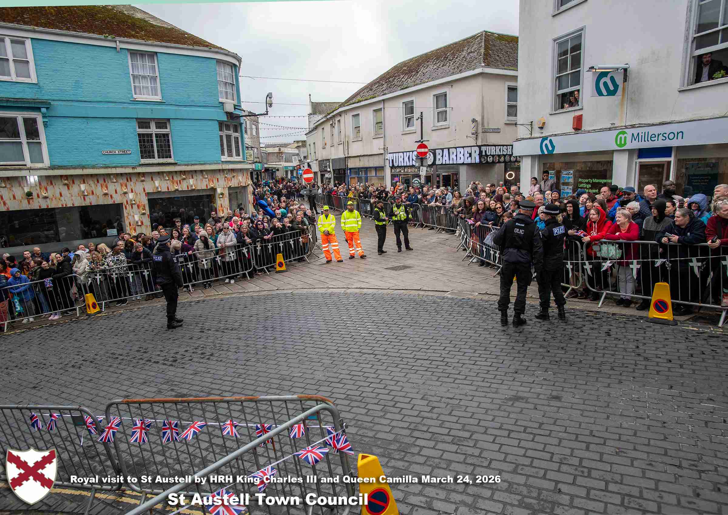 His Majesty King Charles and Her Majesty Queen Camilla meet members of the public in St Austell Town Centre.