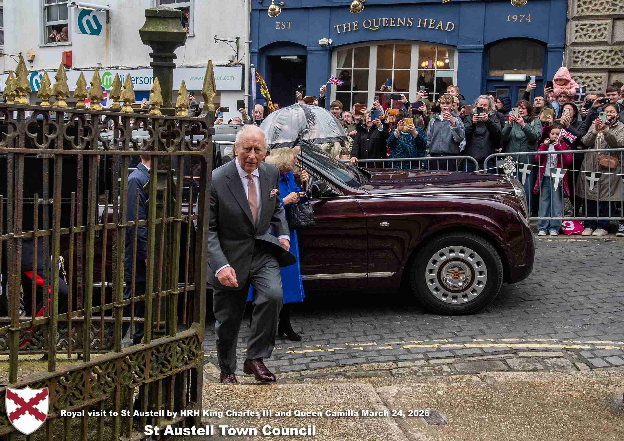 His Majesty King Charles and Her Majesty Queen Camilla meet members of the public in St Austell Town Centre.