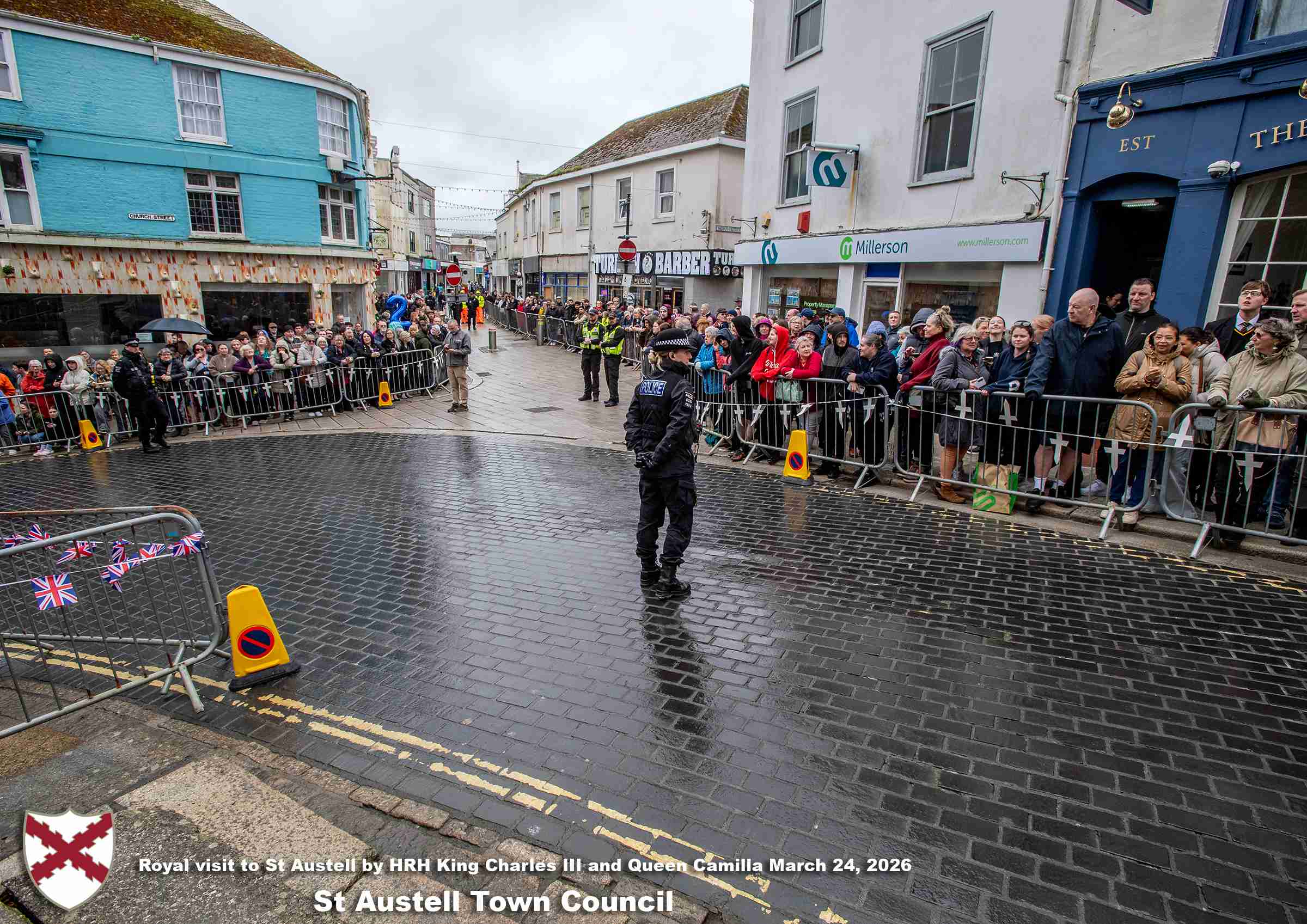 His Majesty King Charles and Her Majesty Queen Camilla meet members of the public in St Austell Town Centre.