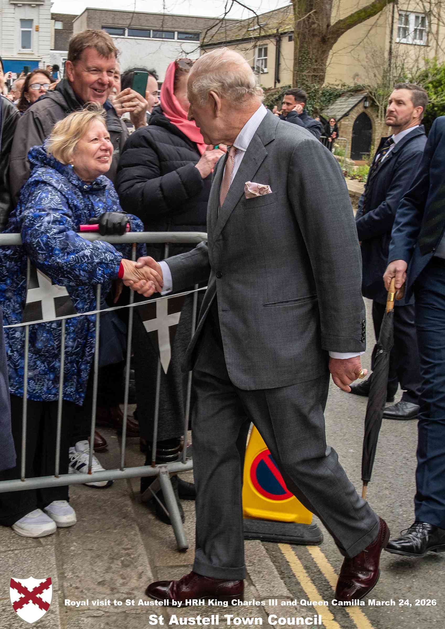 His Majesty King Charles and Her Majesty Queen Camilla meet members of the public in St Austell Town Centre.