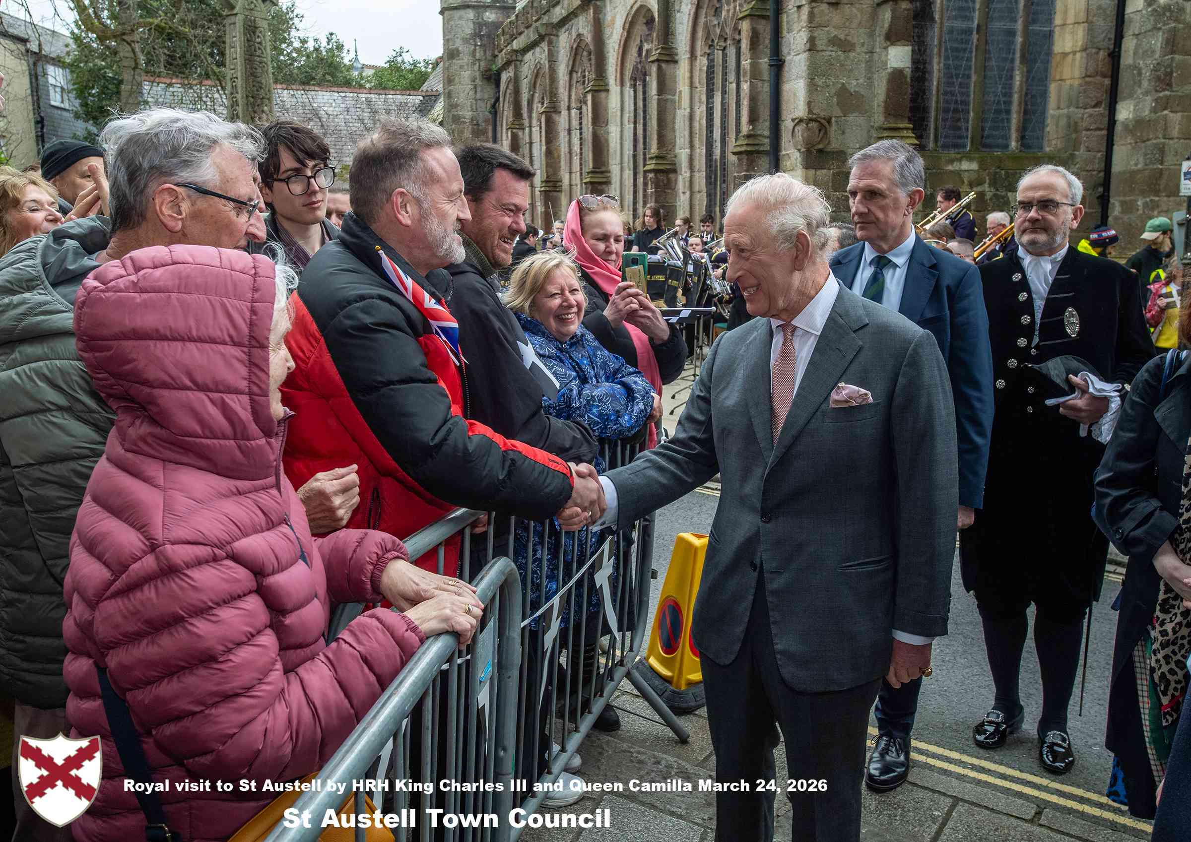 His Majesty King Charles and Her Majesty Queen Camilla meet members of the public in St Austell Town Centre.