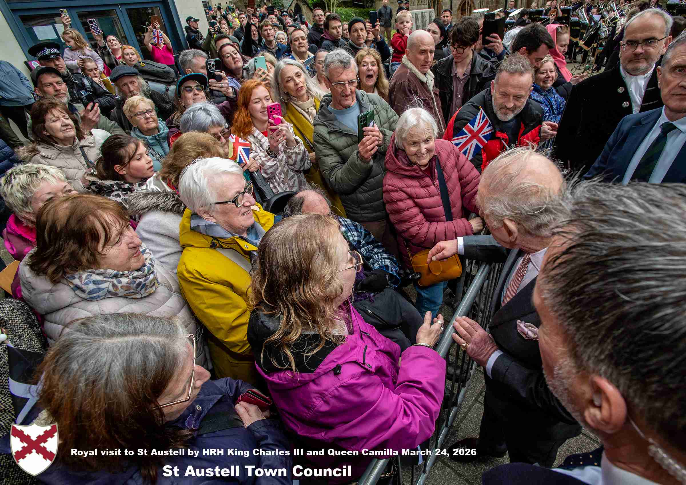 His Majesty King Charles and Her Majesty Queen Camilla meet members of the public in St Austell Town Centre.