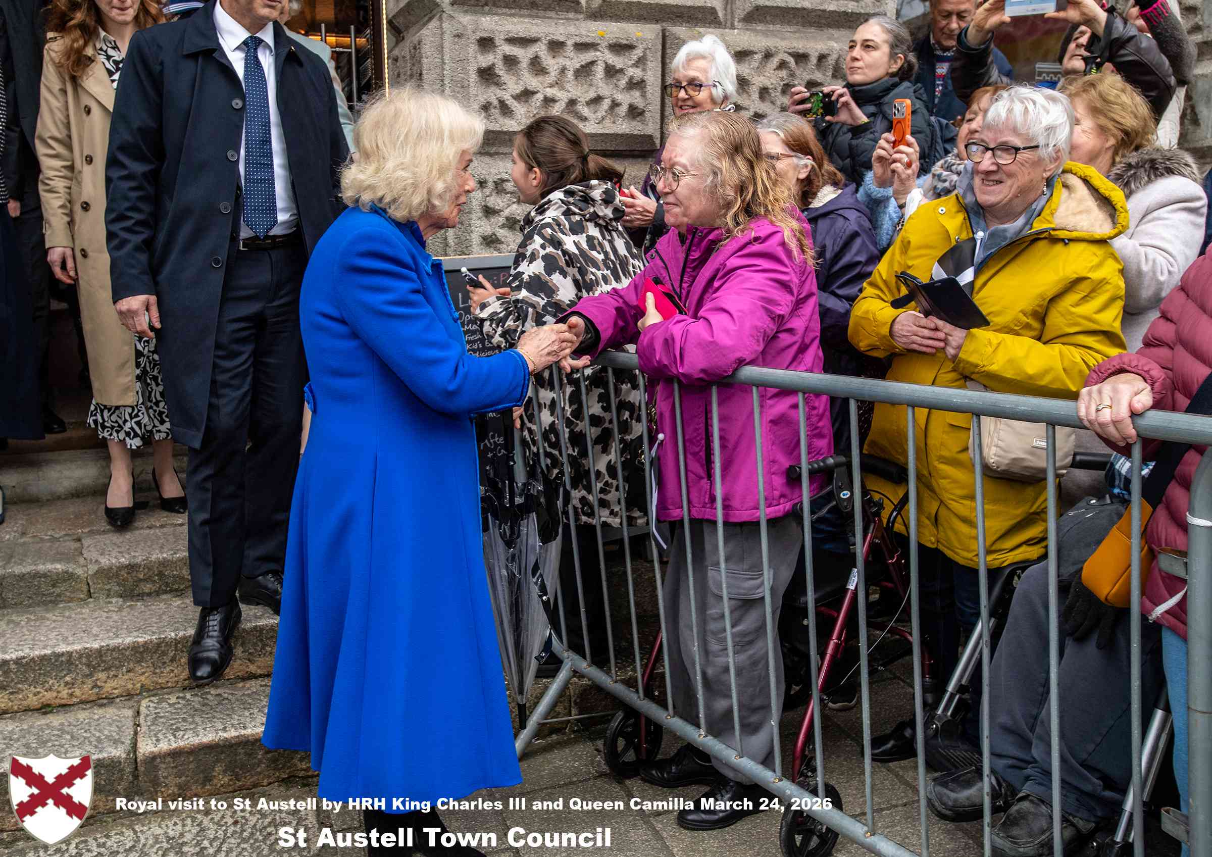 His Majesty King Charles and Her Majesty Queen Camilla meet members of the public in St Austell Town Centre.