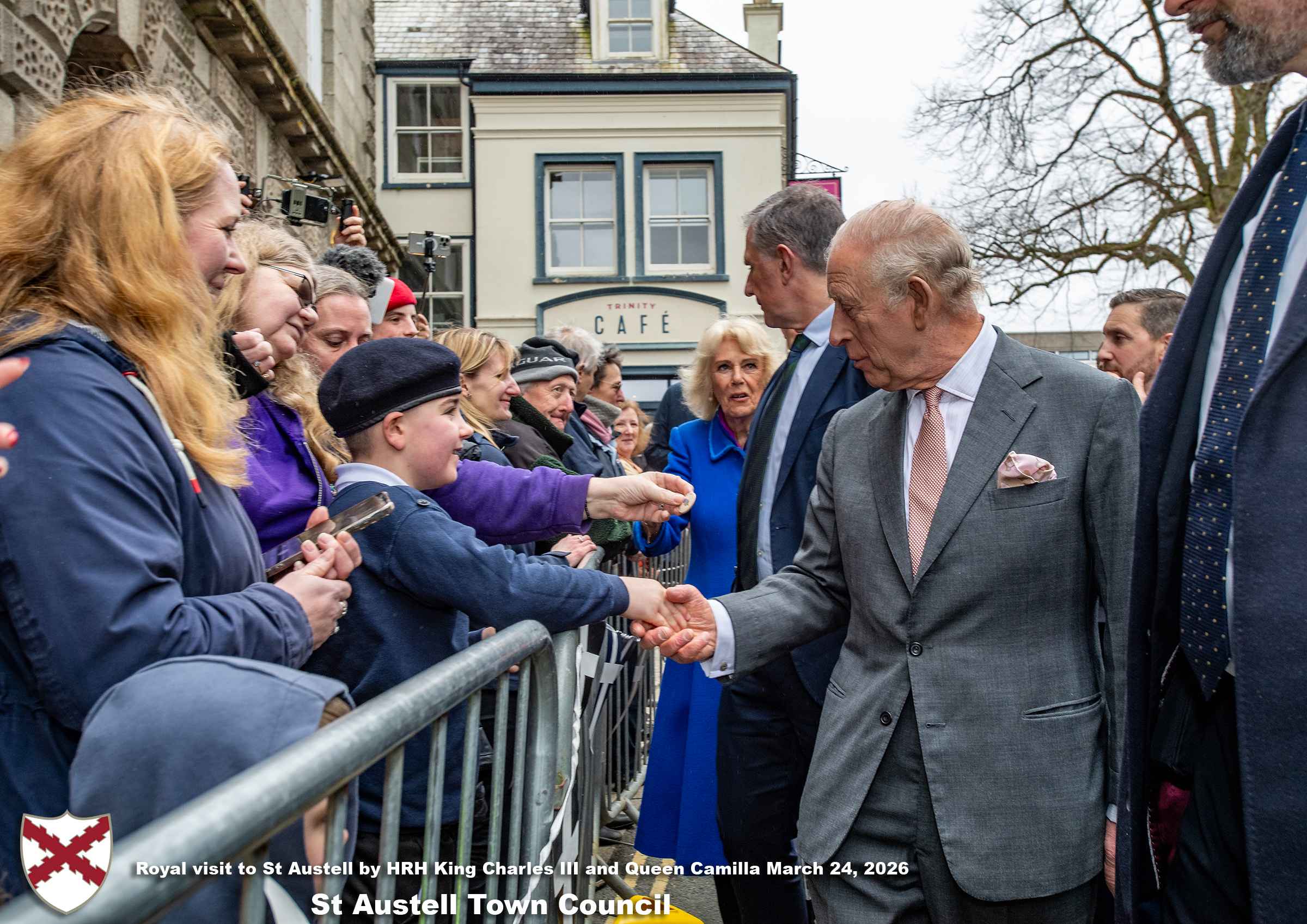 His Majesty King Charles and Her Majesty Queen Camilla meet members of the public in St Austell Town Centre.