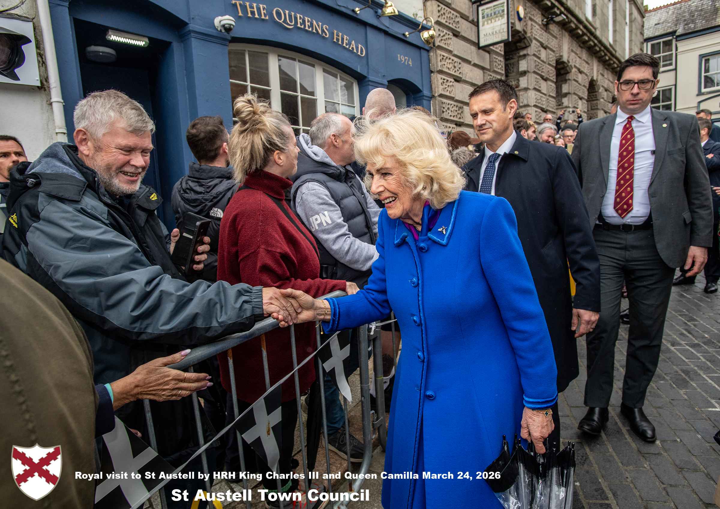 His Majesty King Charles and Her Majesty Queen Camilla meet members of the public in St Austell Town Centre.