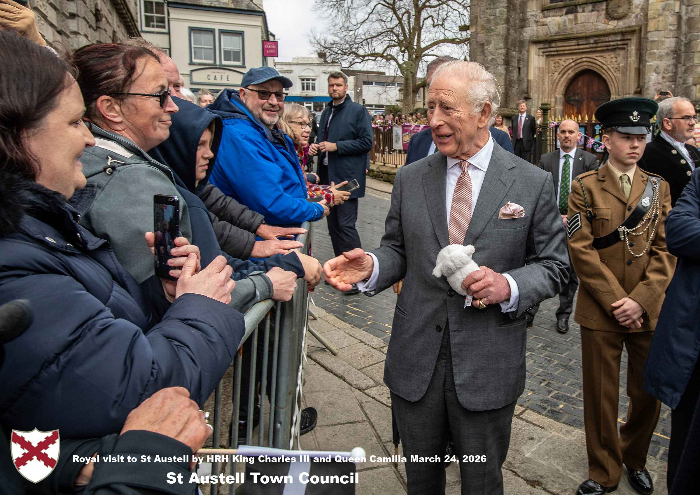His Majesty King Charles and Her Majesty Queen Camilla meet members of the public in St Austell Town Centre.