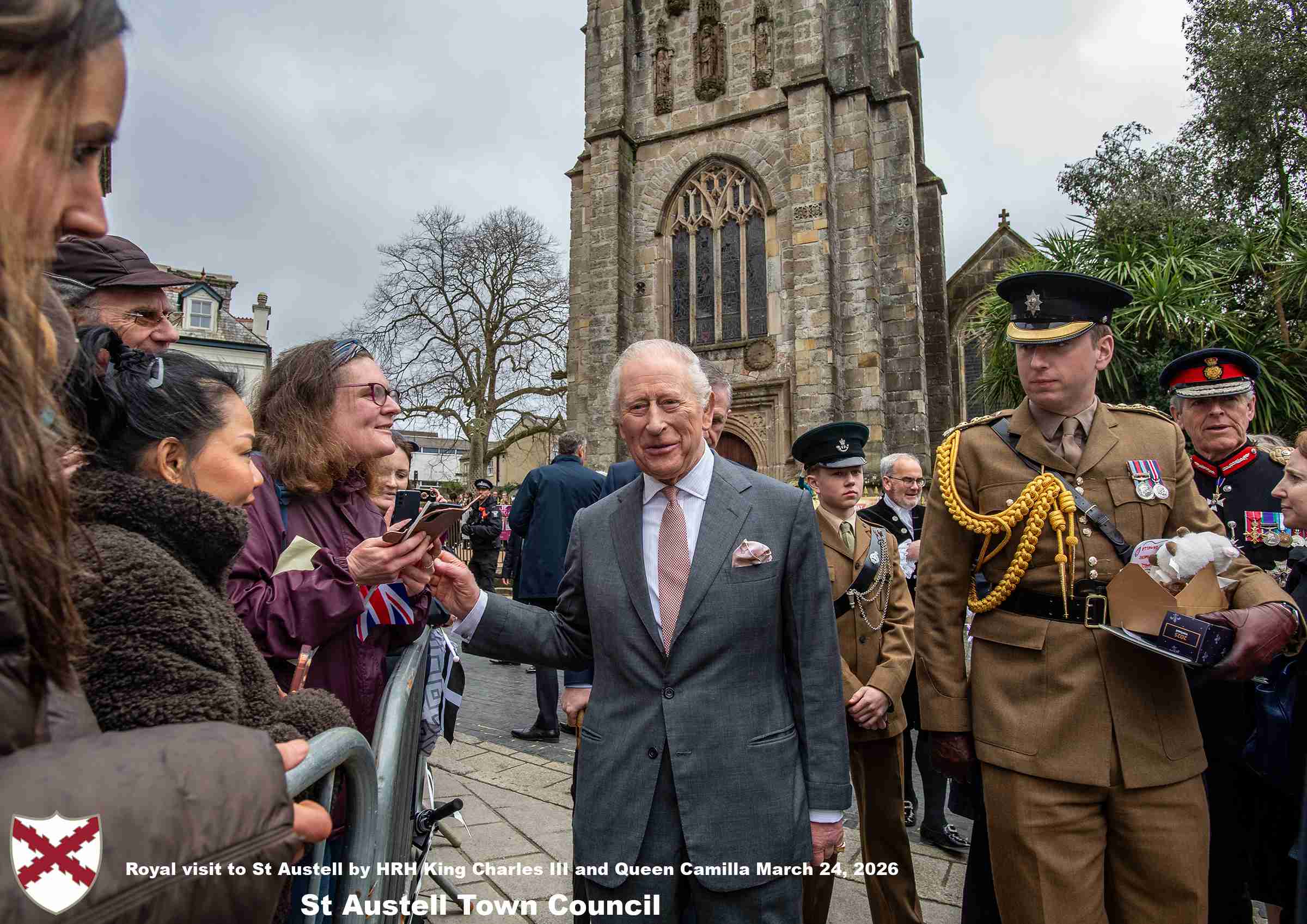 His Majesty King Charles and Her Majesty Queen Camilla meet members of the public in St Austell Town Centre.
