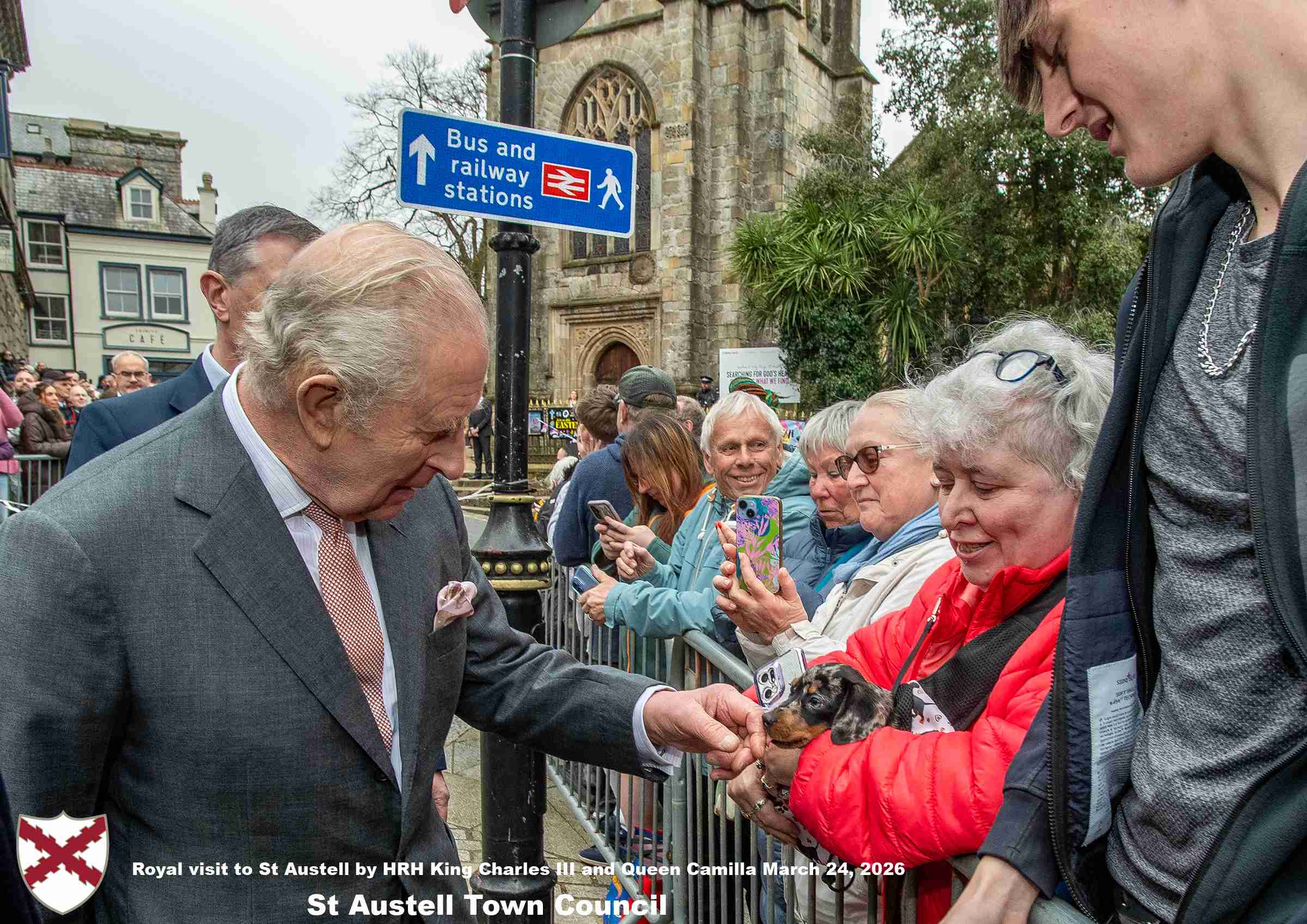 His Majesty King Charles and Her Majesty Queen Camilla meet members of the public in St Austell Town Centre.
