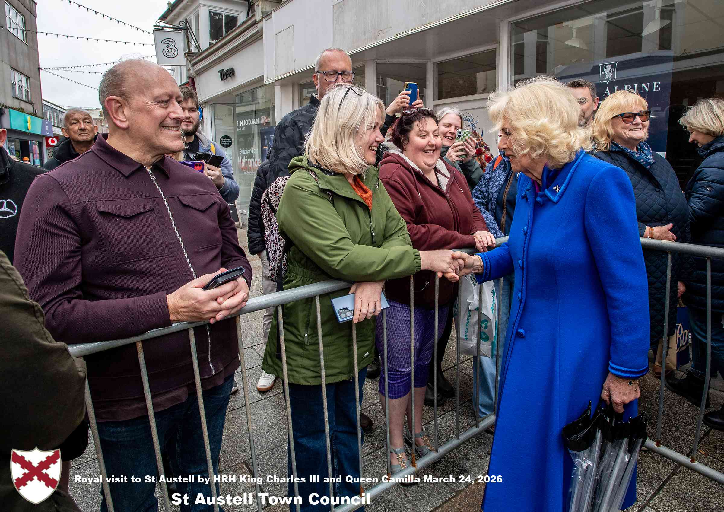 His Majesty King Charles and Her Majesty Queen Camilla meet members of the public in St Austell Town Centre.