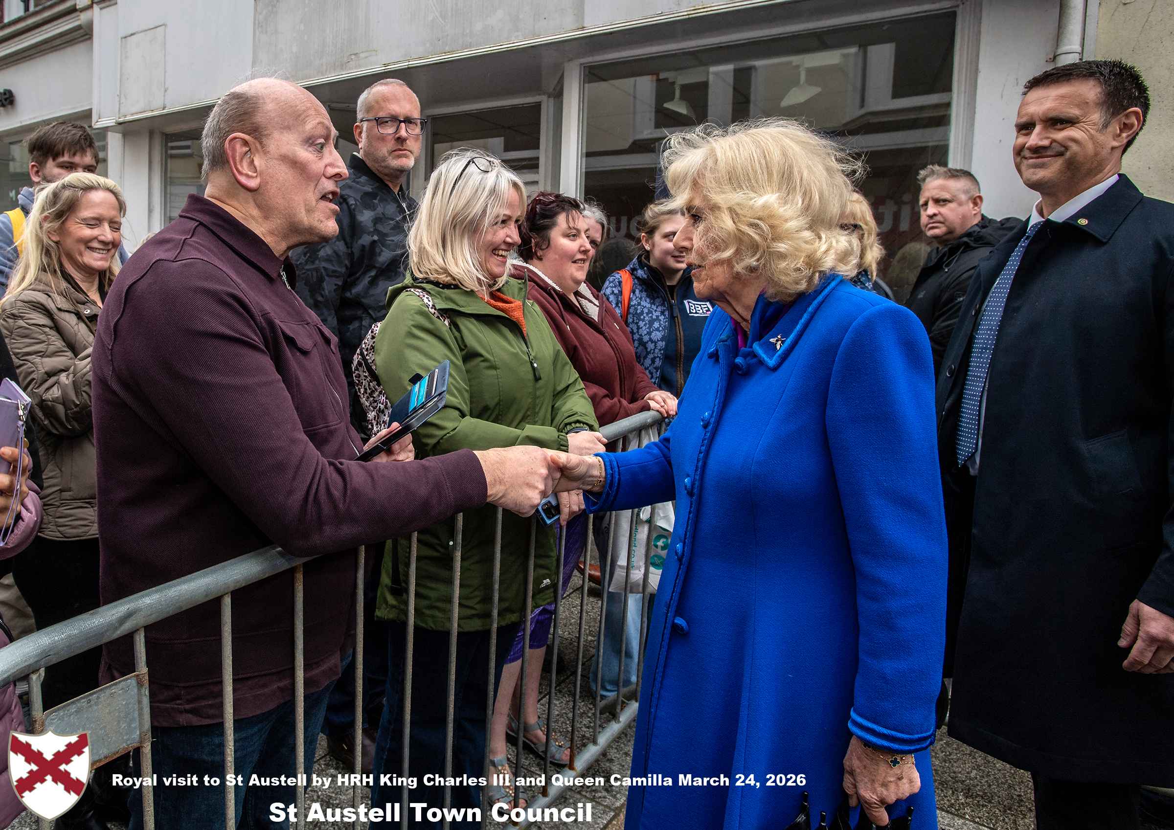 His Majesty King Charles and Her Majesty Queen Camilla meet members of the public in St Austell Town Centre.