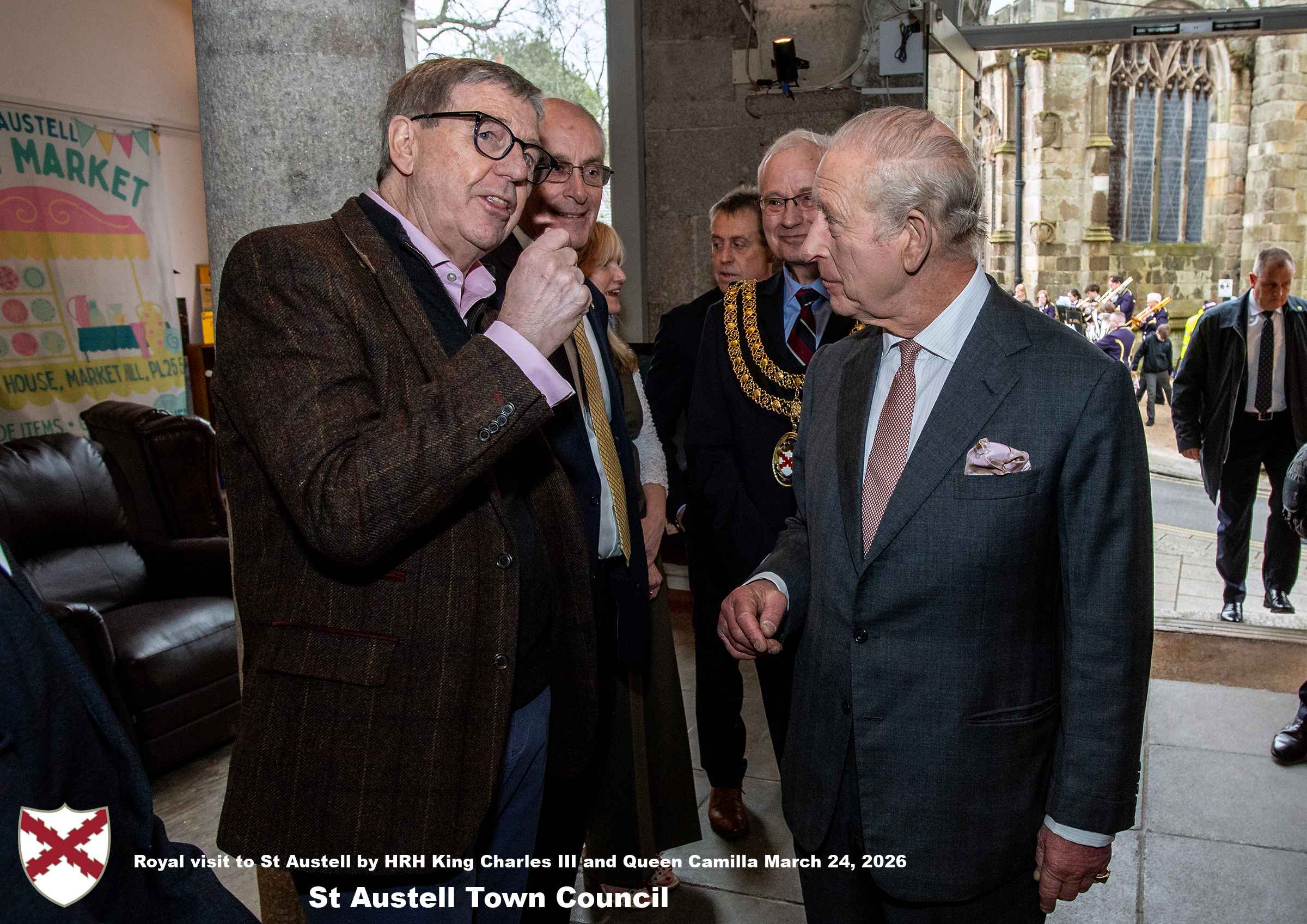 His Majesty King Charles and Her Majesty Queen Camilla visit the historic Market House in St Austell