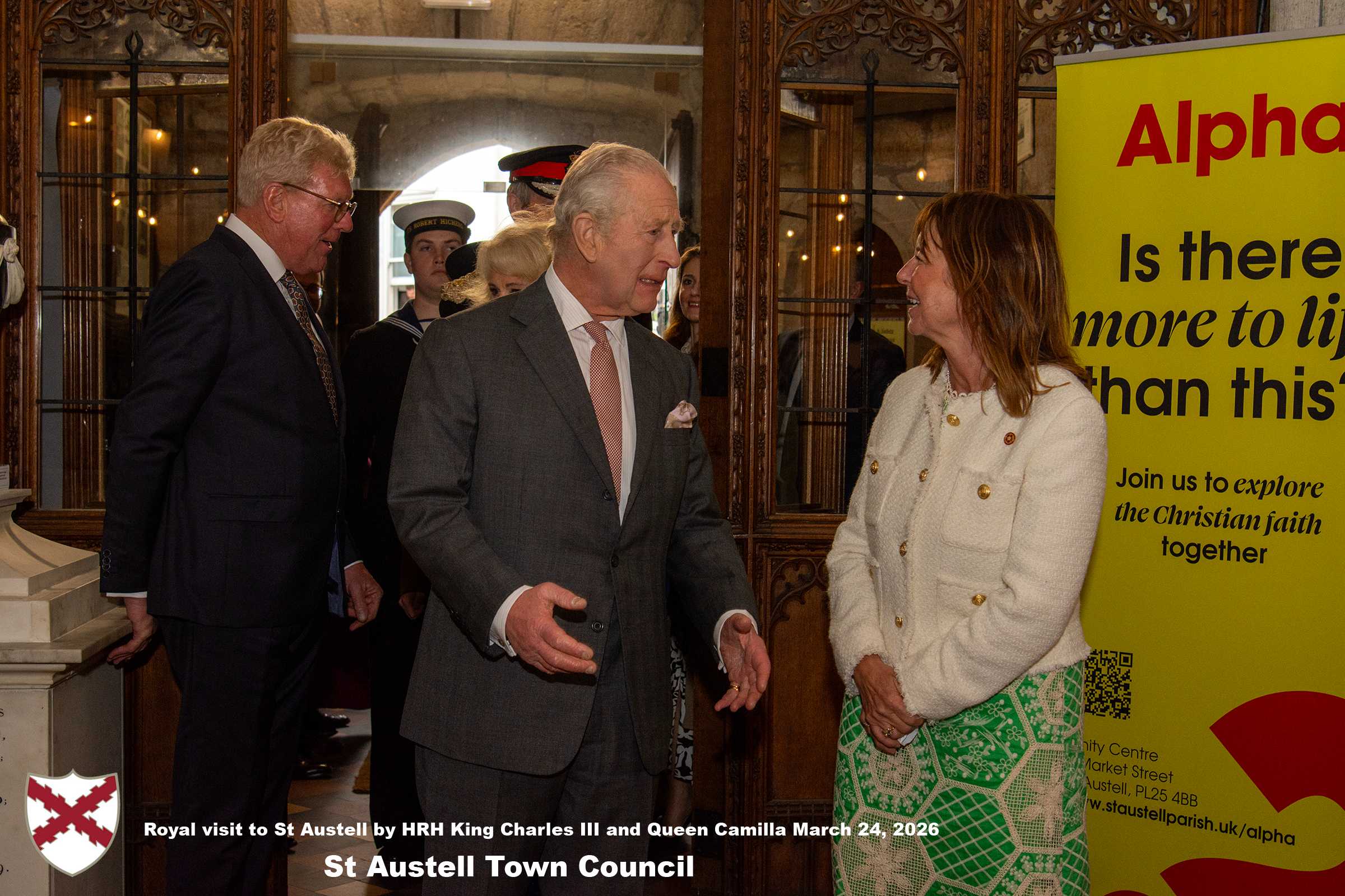 His Majesty King Charles and Her Majesty Queen Camilla meets local organisations, volunteers and religious groups in Holy Trinity Church.