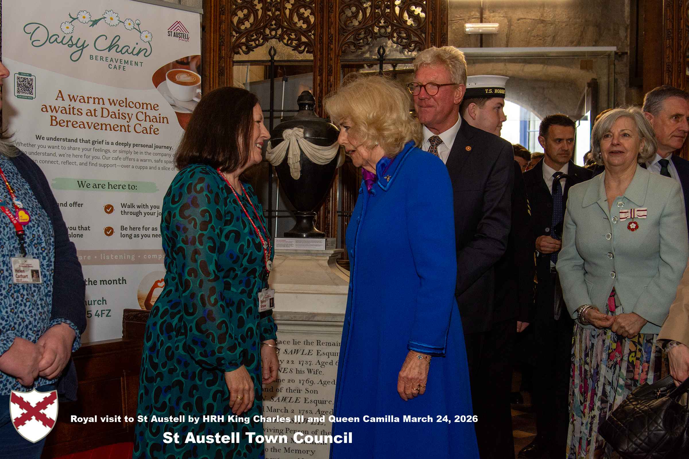 Her Majesty Queen Camilla meets local organisations, volunteers and pupil’s from a local school at Holy Trinity Church.