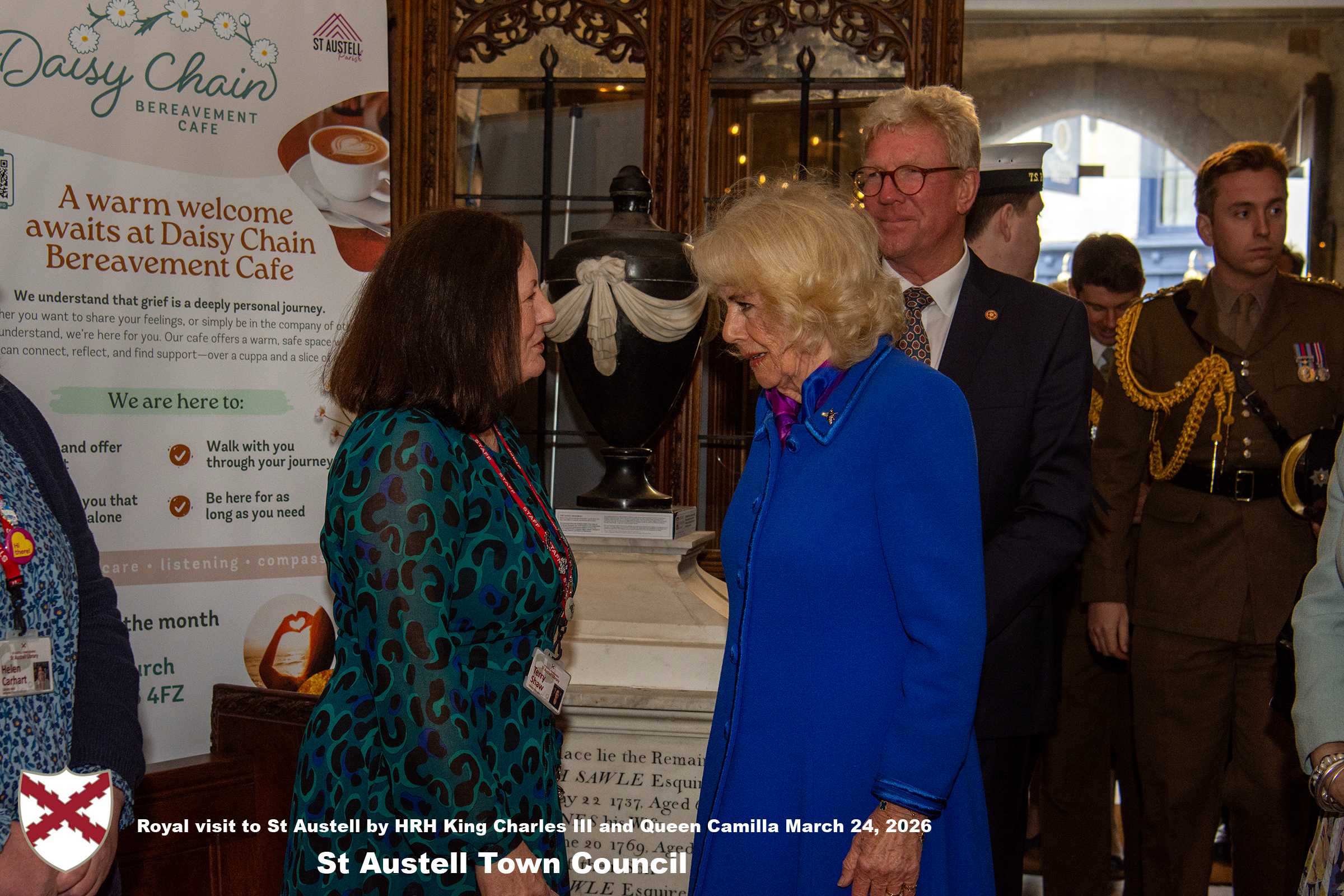 Her Majesty Queen Camilla meets local organisations, volunteers and pupil’s from a local school at Holy Trinity Church.