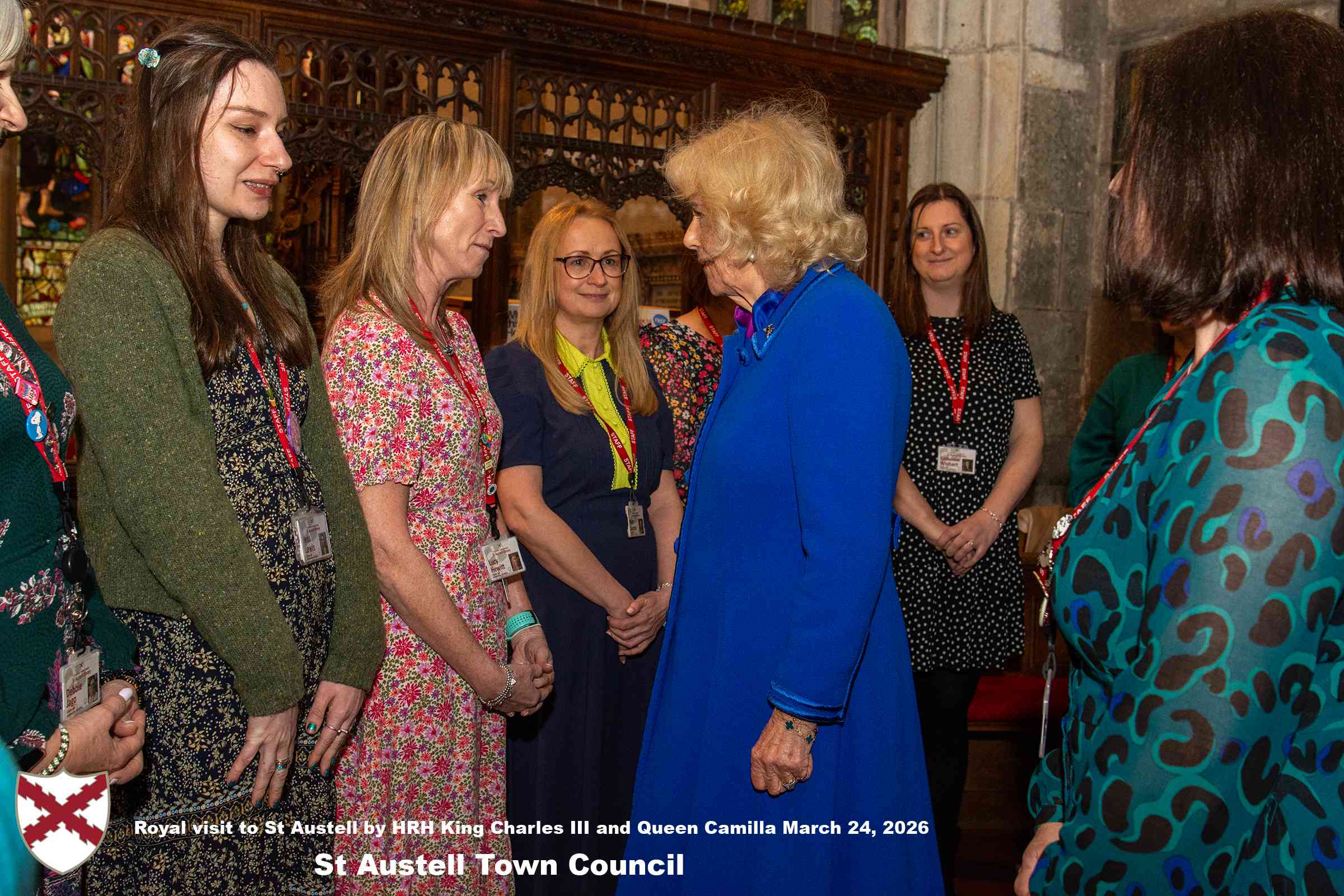 Her Majesty Queen Camilla meets local organisations, volunteers and pupil’s from a local school at Holy Trinity Church.