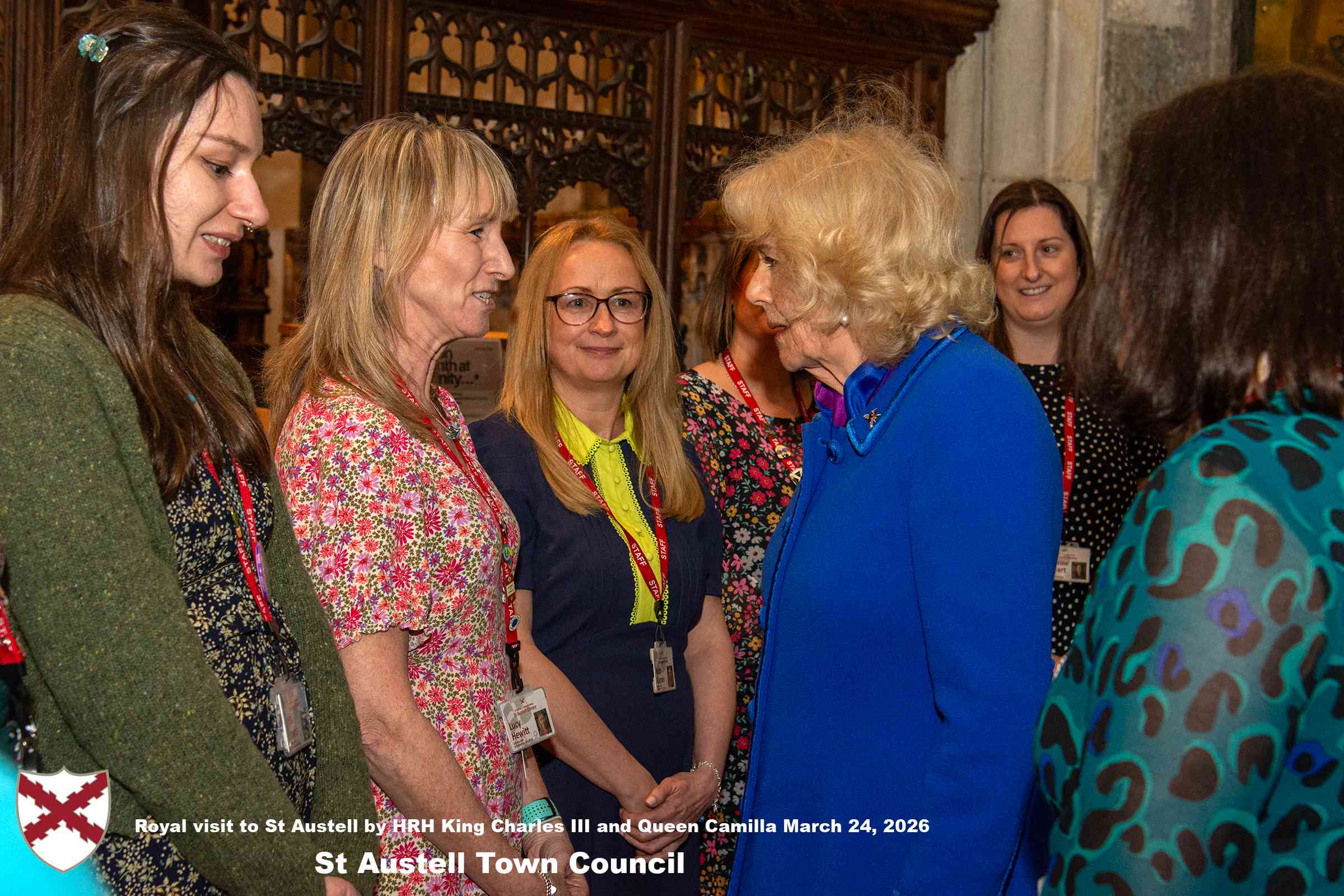 Her Majesty Queen Camilla meets local organisations, volunteers and pupil’s from a local school at Holy Trinity Church.