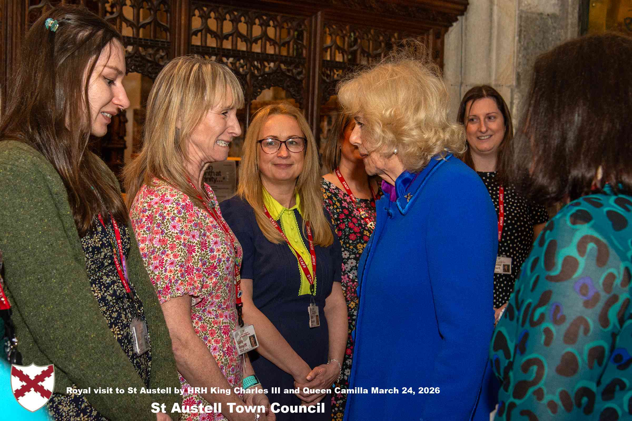 Her Majesty Queen Camilla meets local organisations, volunteers and pupil’s from a local school at Holy Trinity Church.