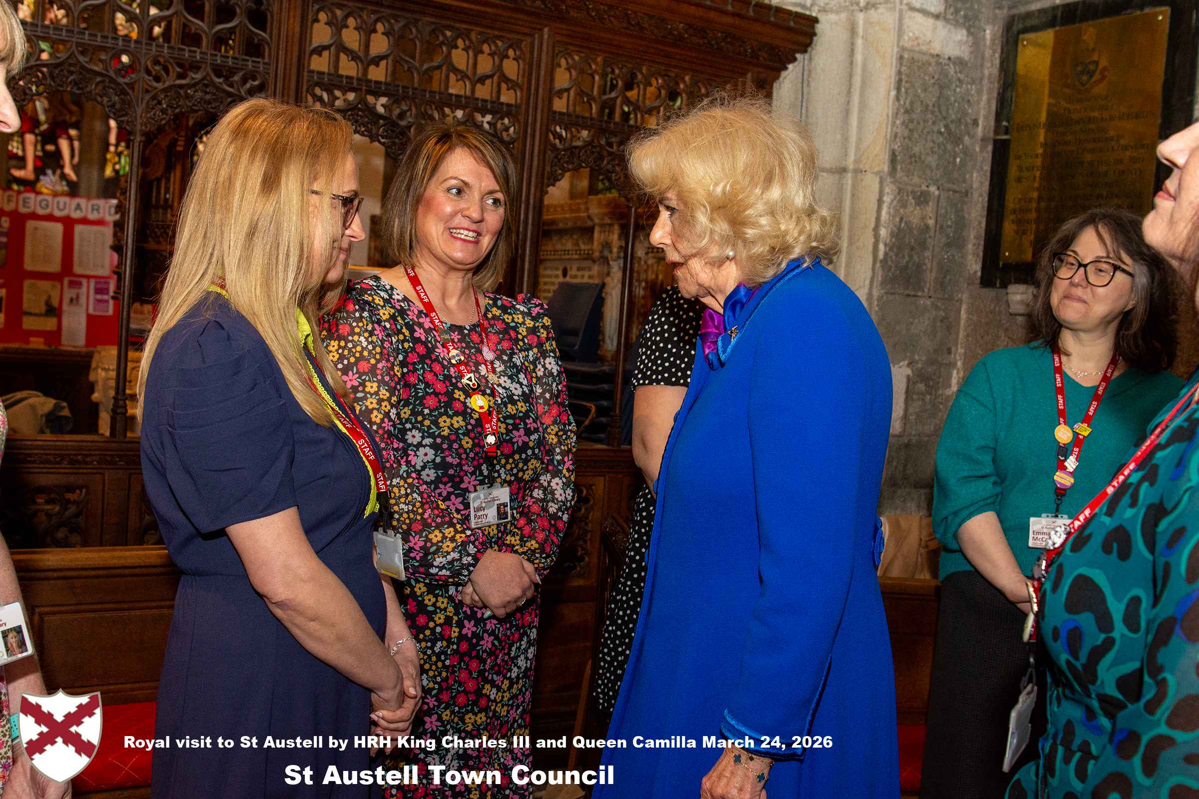 Her Majesty Queen Camilla meets local organisations, volunteers and pupil’s from a local school at Holy Trinity Church.