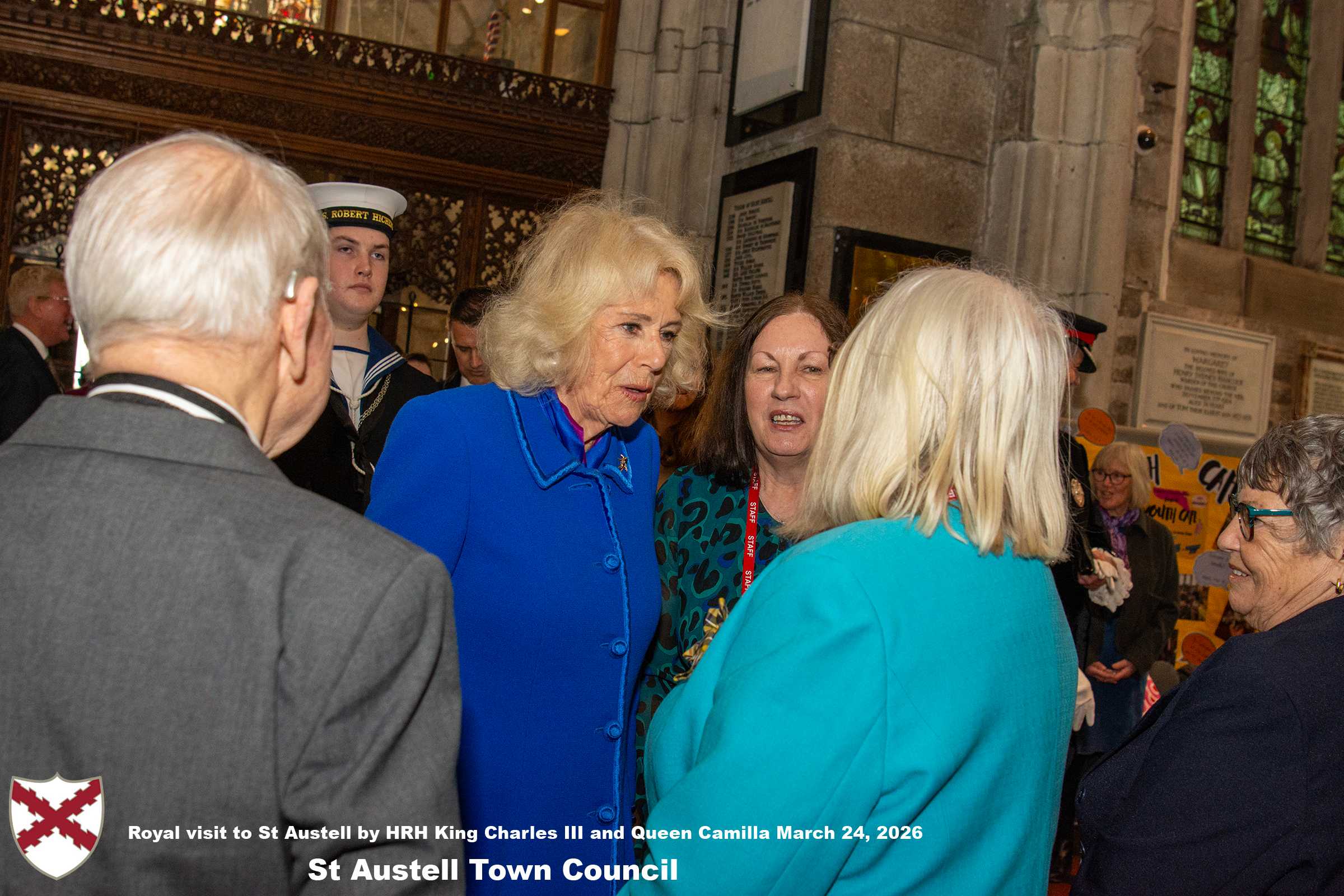 Her Majesty Queen Camilla meets local organisations, volunteers and pupil’s from a local school at Holy Trinity Church.