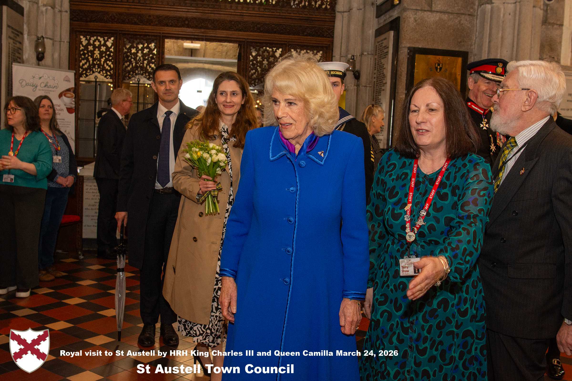 Her Majesty Queen Camilla meets local organisations, volunteers and pupil’s from a local school at Holy Trinity Church.