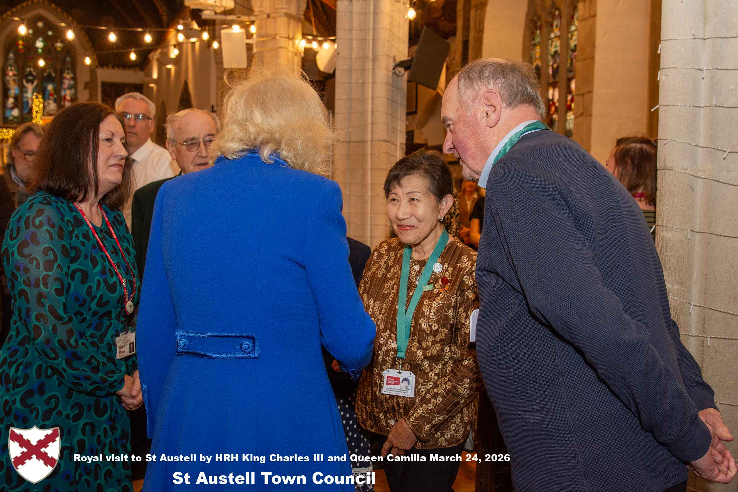 Her Majesty Queen Camilla meets local organisations, volunteers and pupil’s from a local school at Holy Trinity Church.