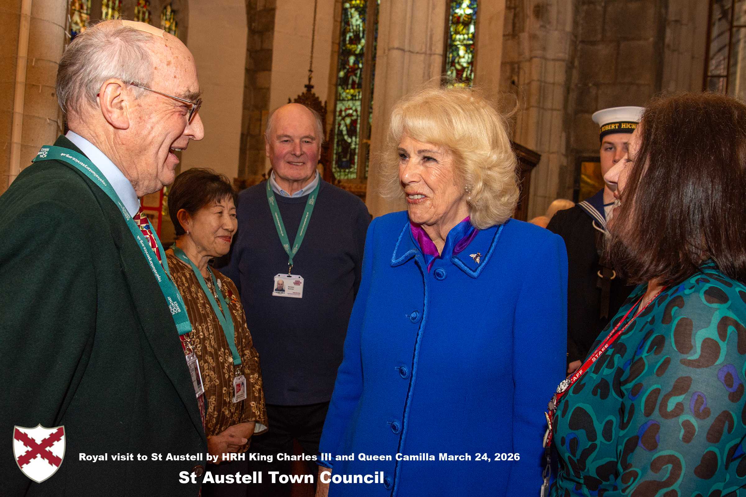 Her Majesty Queen Camilla meets local organisations, volunteers and pupil’s from a local school at Holy Trinity Church.