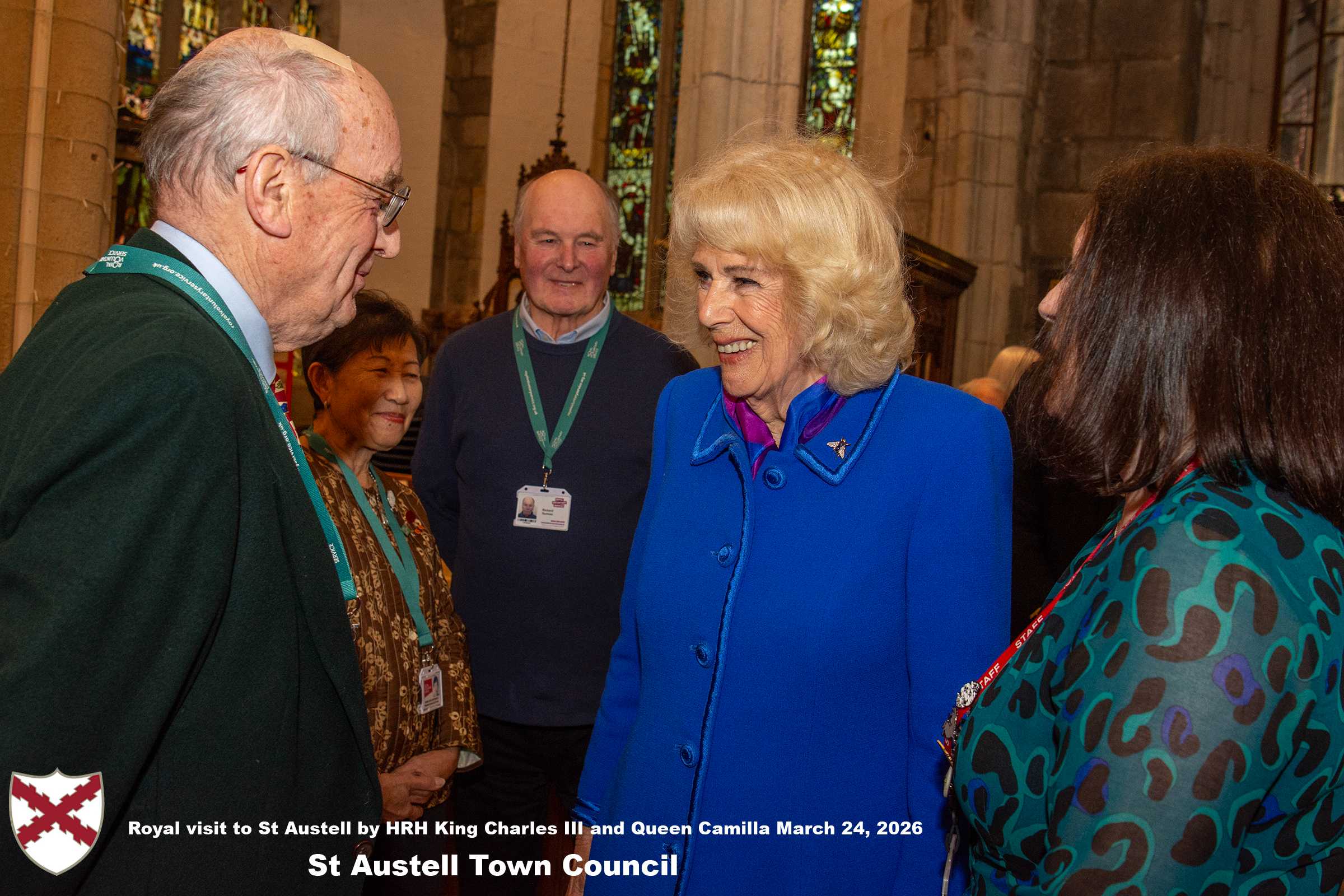 Her Majesty Queen Camilla meets local organisations, volunteers and pupil’s from a local school at Holy Trinity Church.