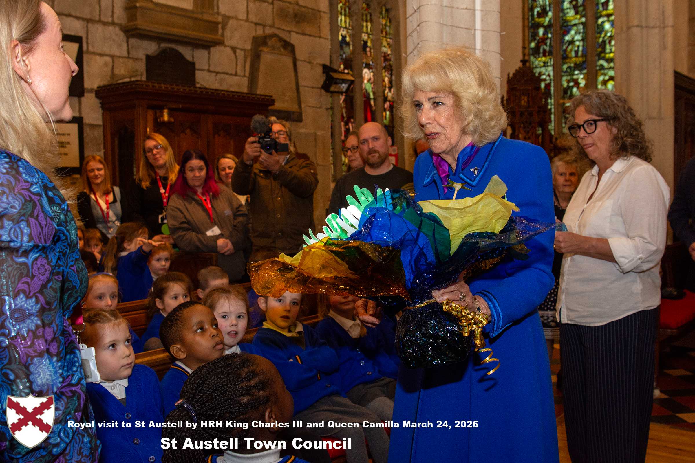Her Majesty Queen Camilla meets local organisations, volunteers and pupil’s from a local school at Holy Trinity Church.