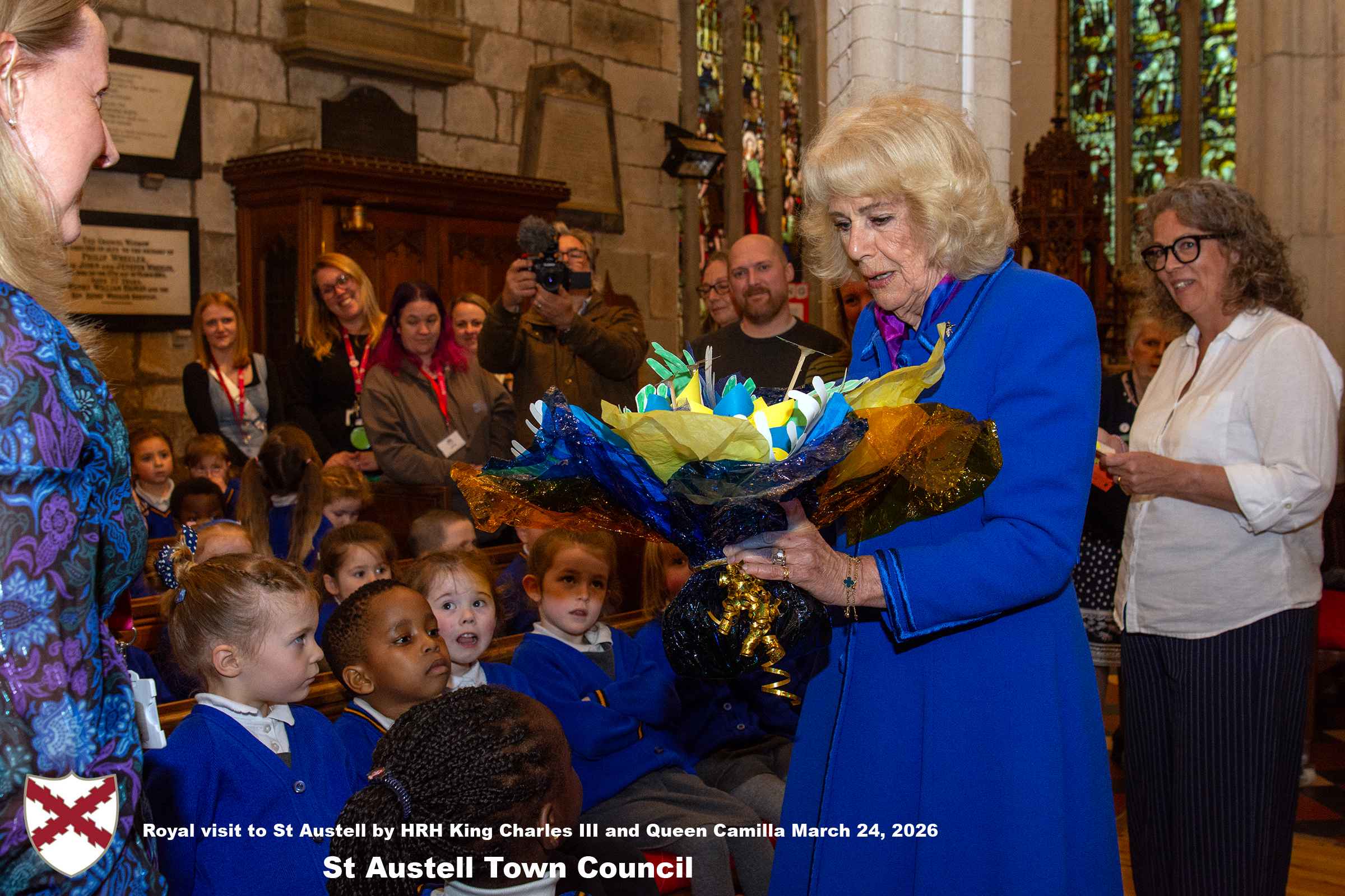 Her Majesty Queen Camilla meets local organisations, volunteers and pupil’s from a local school at Holy Trinity Church.