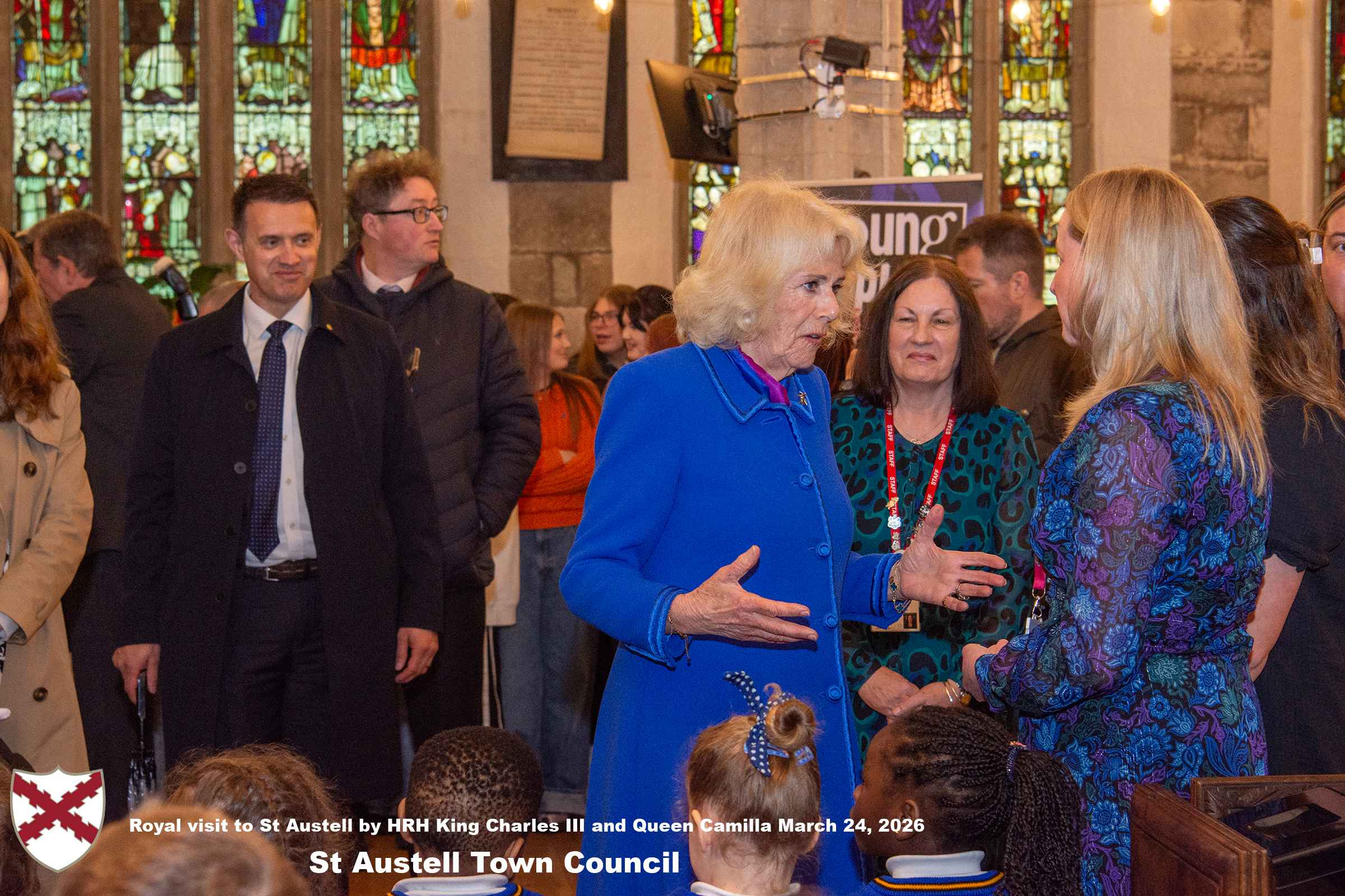 Her Majesty Queen Camilla meets local organisations, volunteers and pupil’s from a local school at Holy Trinity Church.