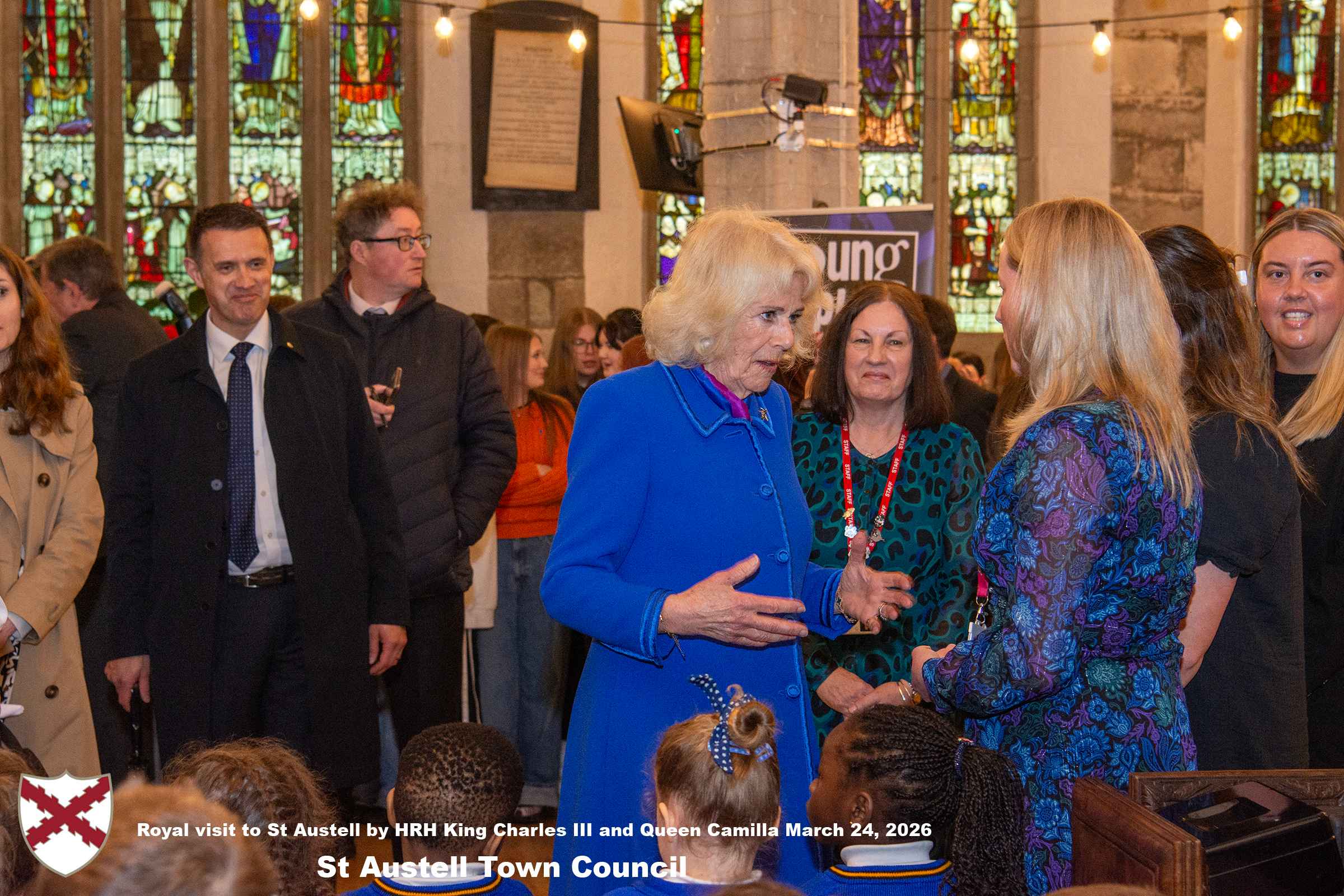 Her Majesty Queen Camilla meets local organisations, volunteers and pupil’s from a local school at Holy Trinity Church.