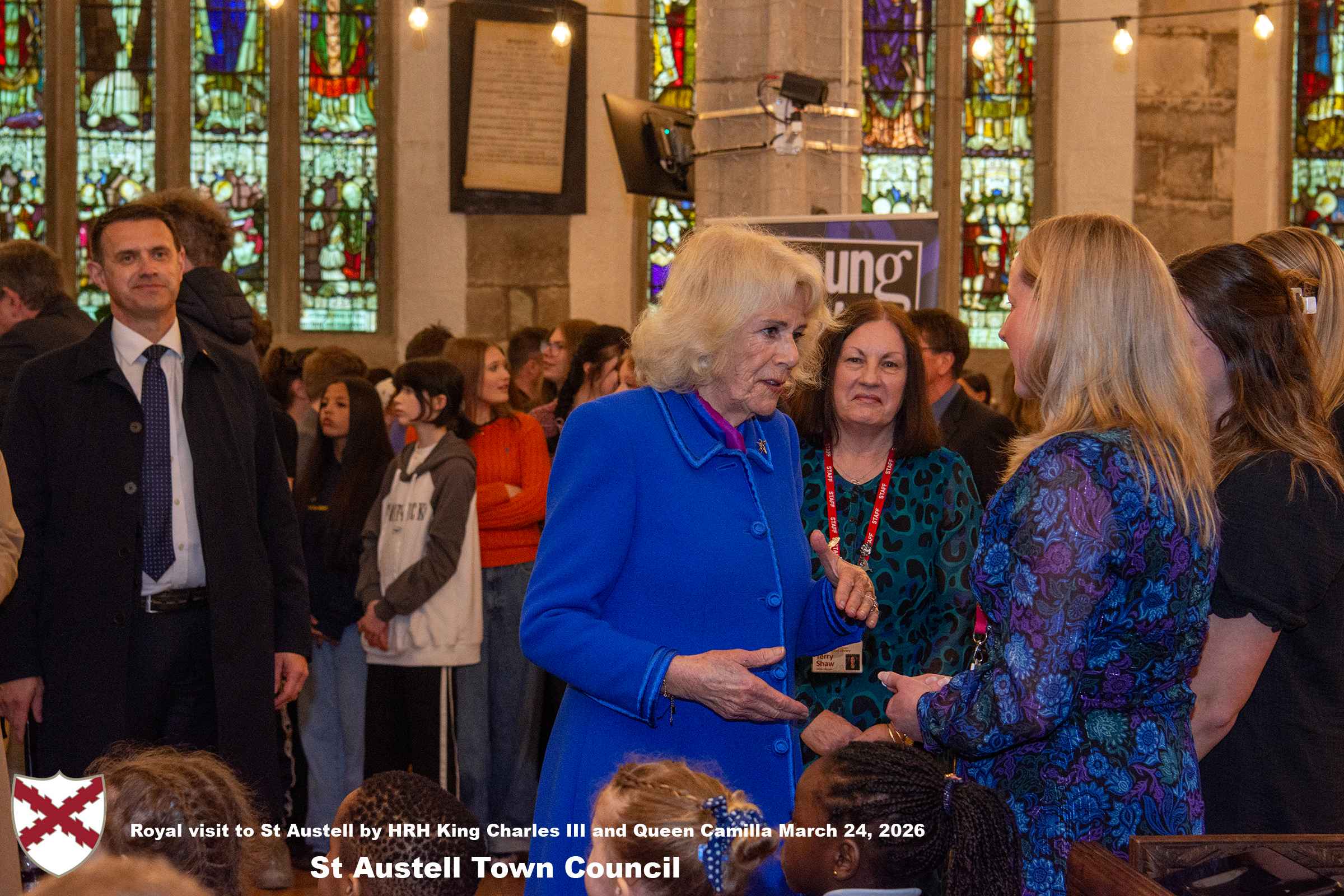 Her Majesty Queen Camilla meets local organisations, volunteers and pupil’s from a local school at Holy Trinity Church.
