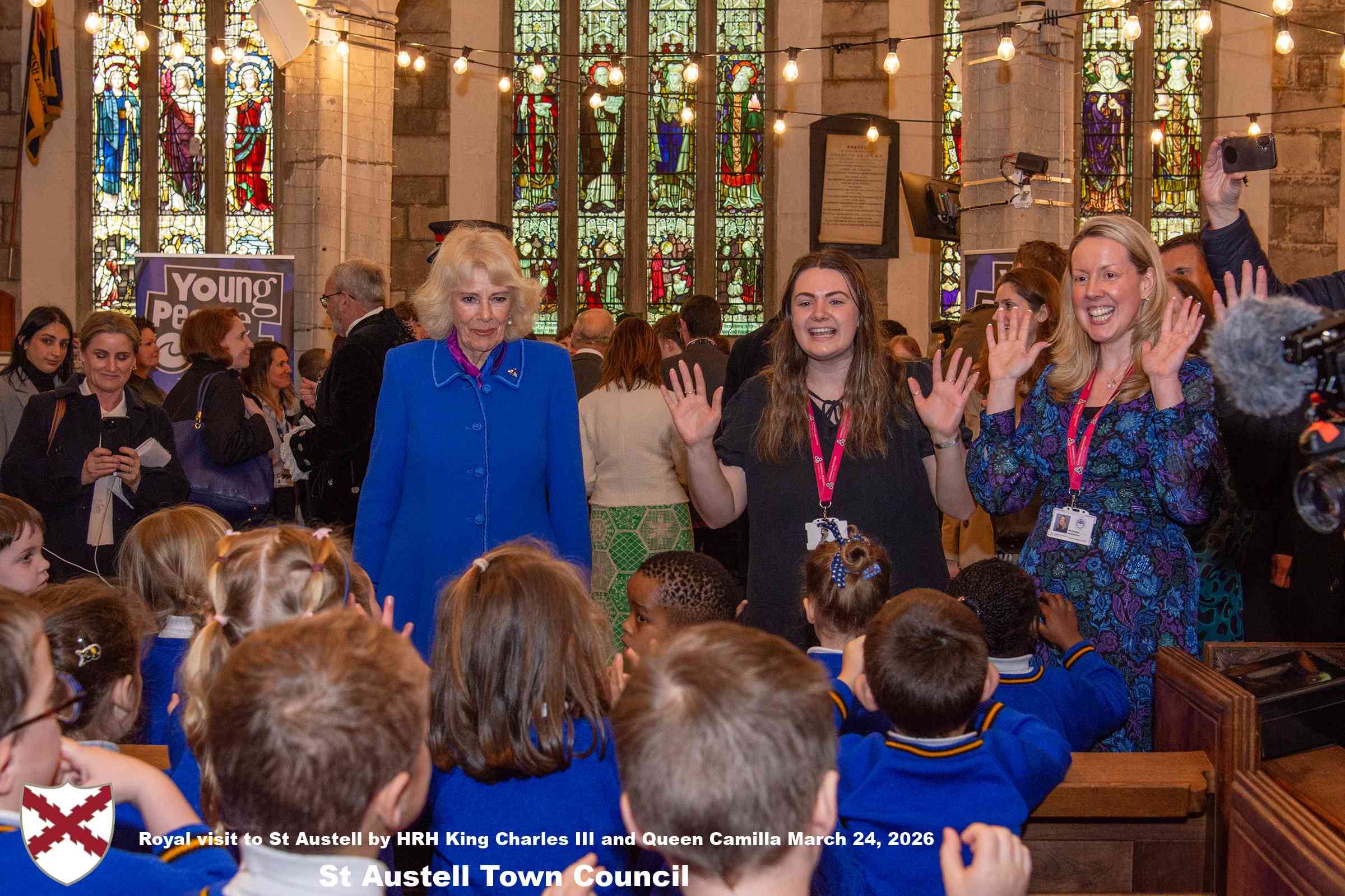 Her Majesty Queen Camilla meets local organisations, volunteers and pupil’s from a local school at Holy Trinity Church.