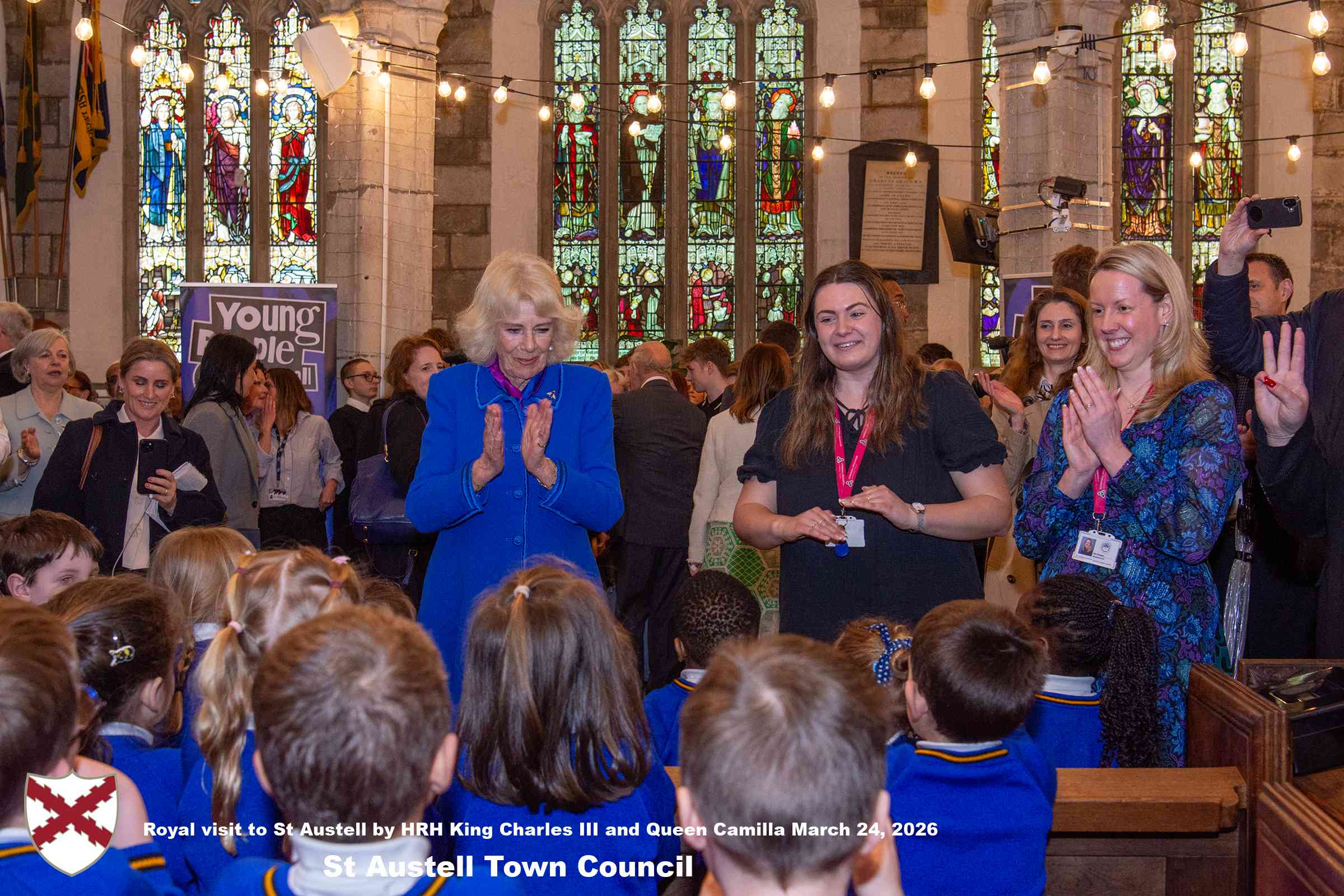 Her Majesty Queen Camilla meets local organisations, volunteers and pupil’s from a local school at Holy Trinity Church.